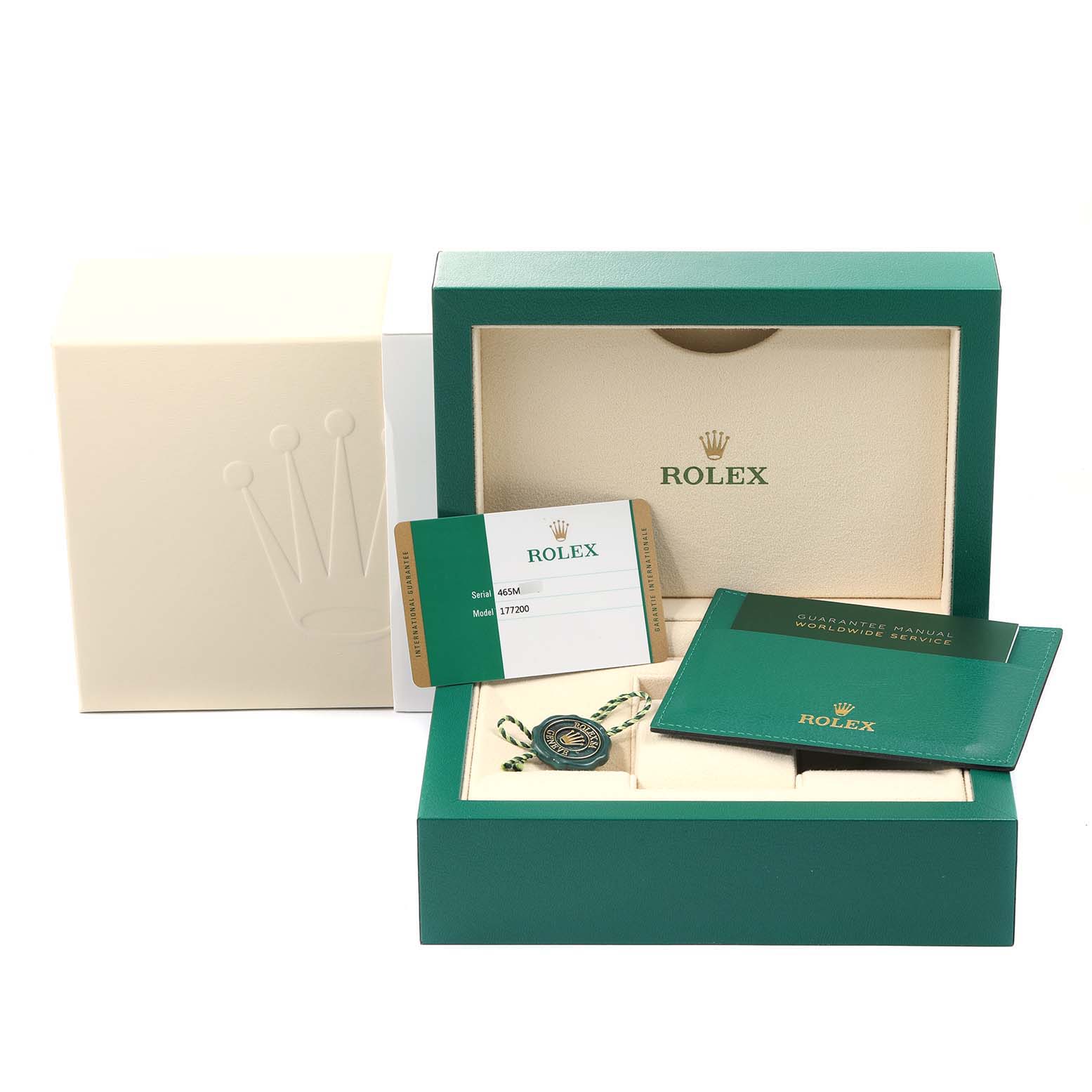 The image shows the box, case, manual, and accessories for a Rolex Mid-Size 177200 Women
s Stainless Steel Silver Dial 177200 Women
s Stainless Steel Silver Dial watch model 177200, viewed from the front.
