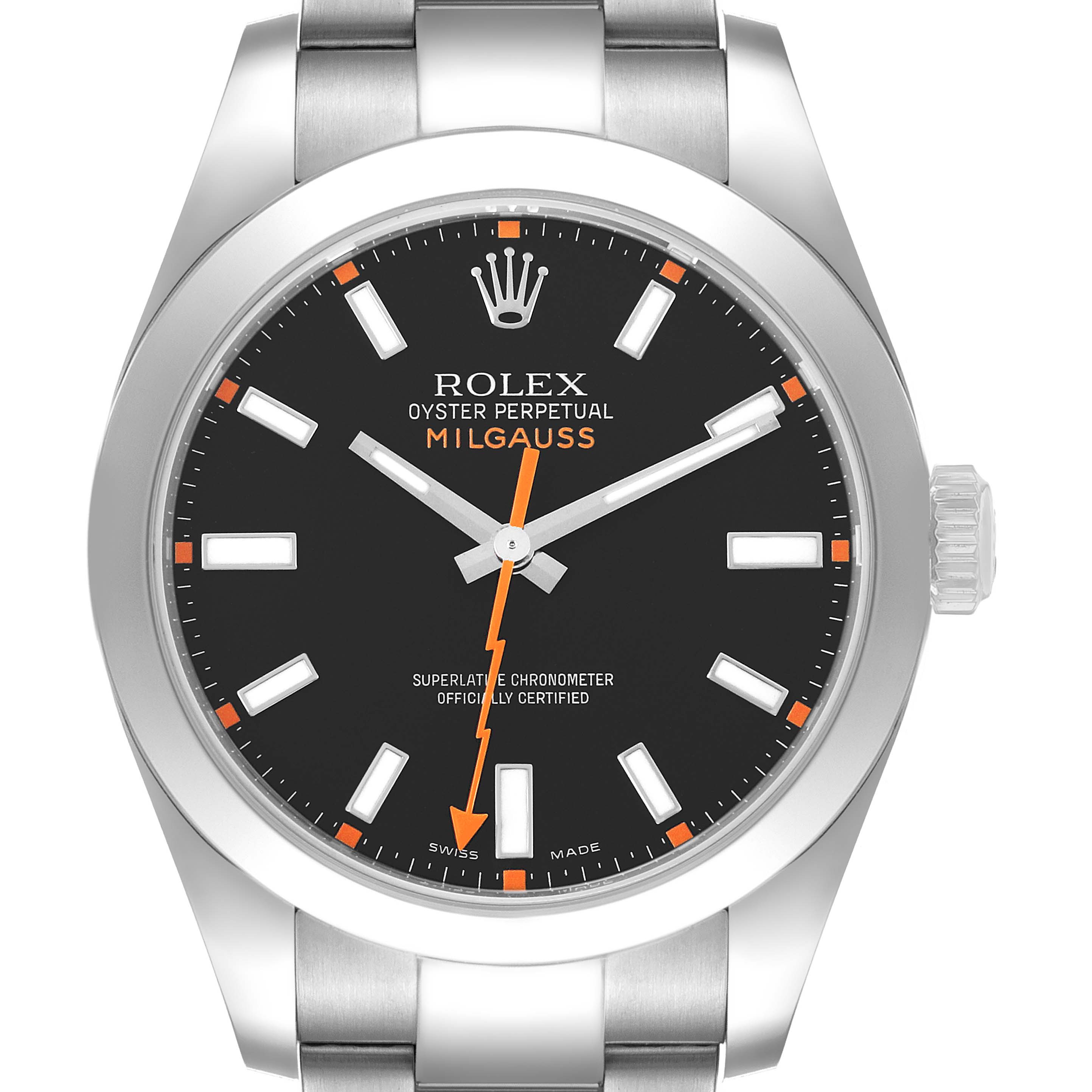 The Rolex Milgauss 116400 Men's Stainless Steel Black Dial watch is shown from a front angle, highlighting its face, bezel, dial, and bracelet.