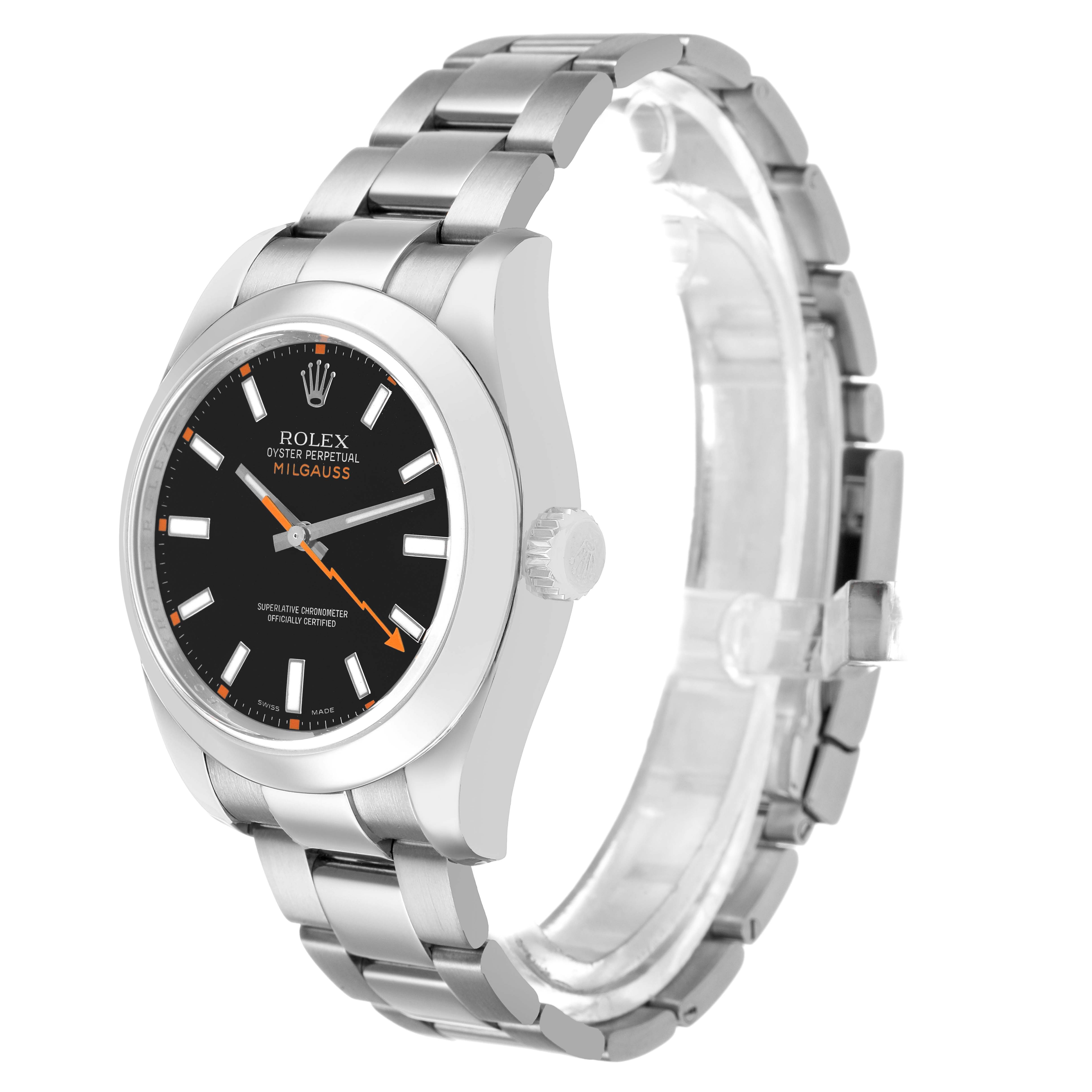 The Rolex Milgauss 116400 Men's Stainless Steel Black Dial watch is shown at a slight angle, revealing the face, crown, and bracelet.
