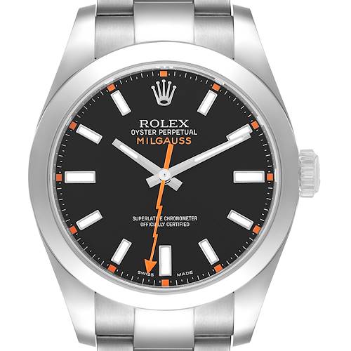 The Rolex Milgauss 116400 Men's Stainless Steel Black Dial watch is shown from a front angle, highlighting its face, dial, and crown.