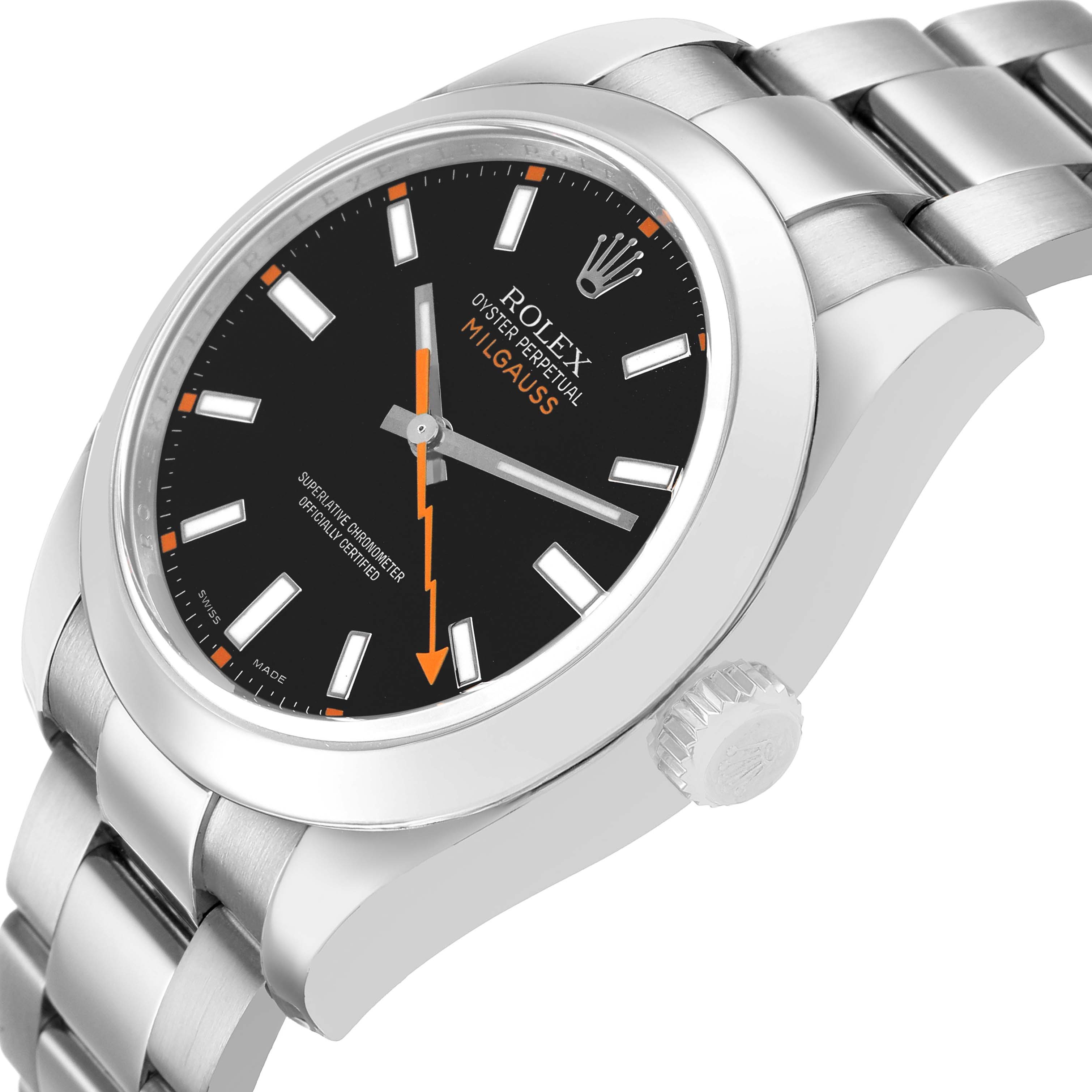 The Rolex Milgauss 116400 Men's Stainless Steel Black Dial watch is shown at a slight side angle, displaying its dial, bezel, case, crown, and bracelet.