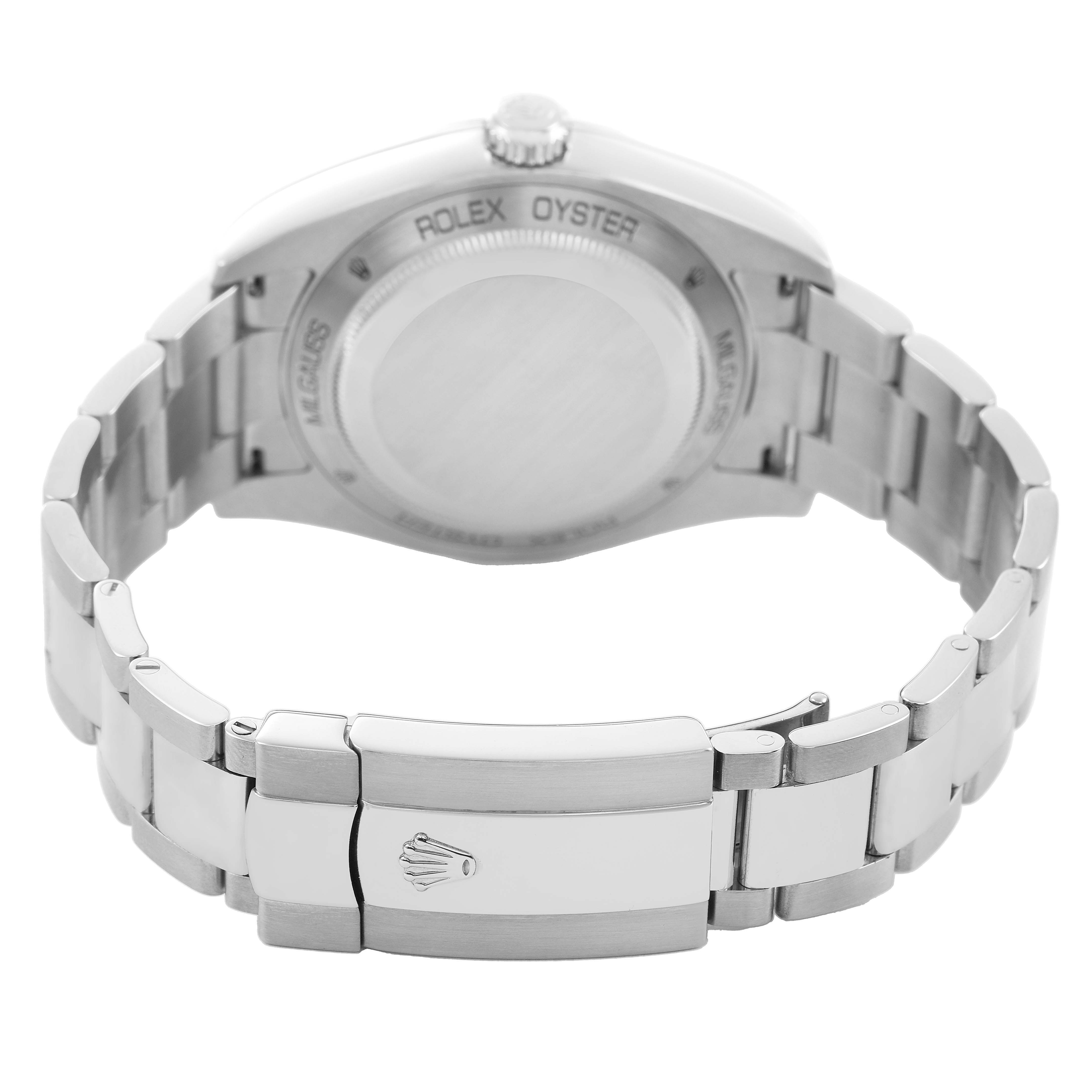 The image shows the back and bracelet clasp of a Rolex Milgauss 116400 Men's Stainless Steel Black Dial watch from a rear angle.