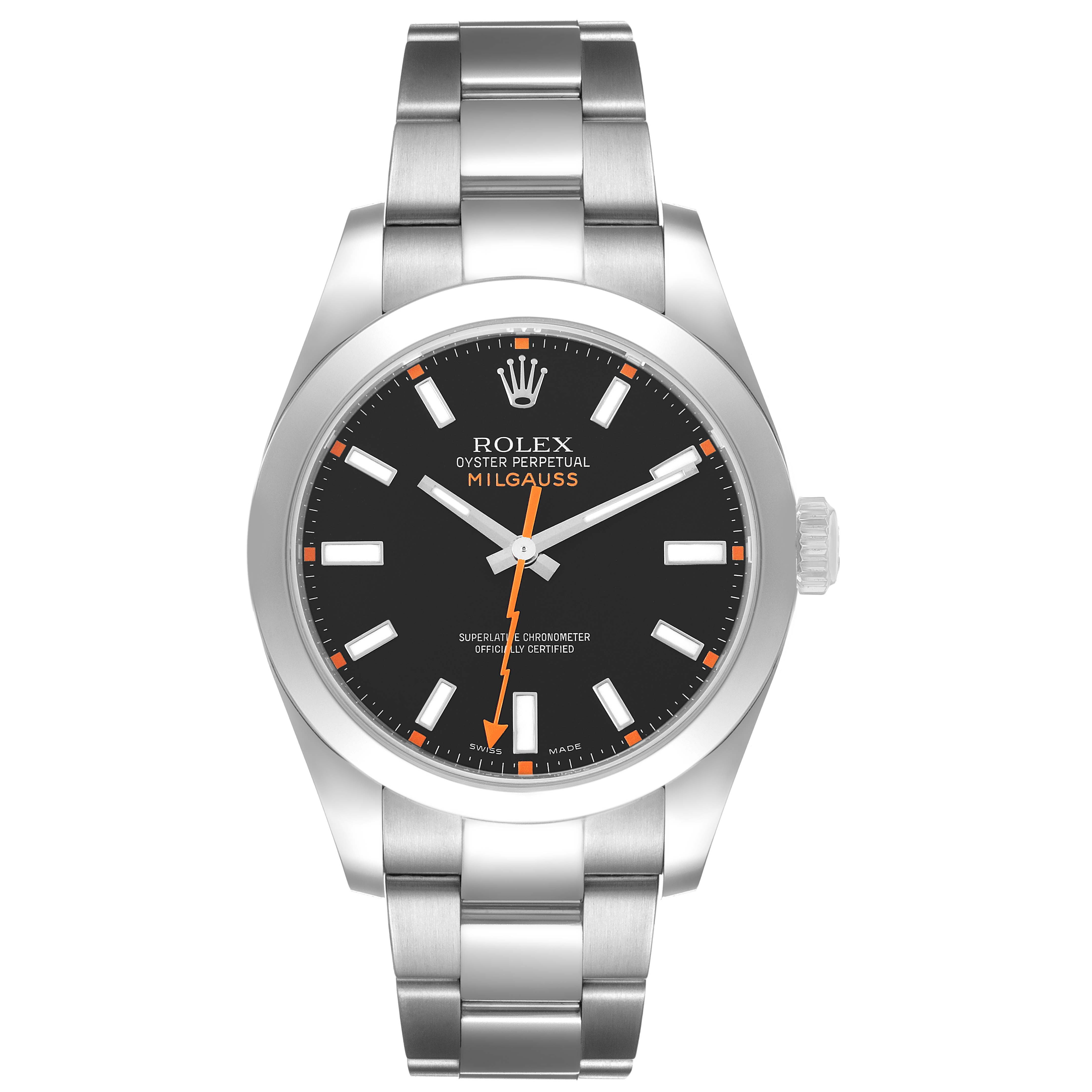The Rolex Milgauss 116400 Men's Stainless Steel Black Dial watch is shown from the front, displaying its face, bezel, and bracelet.