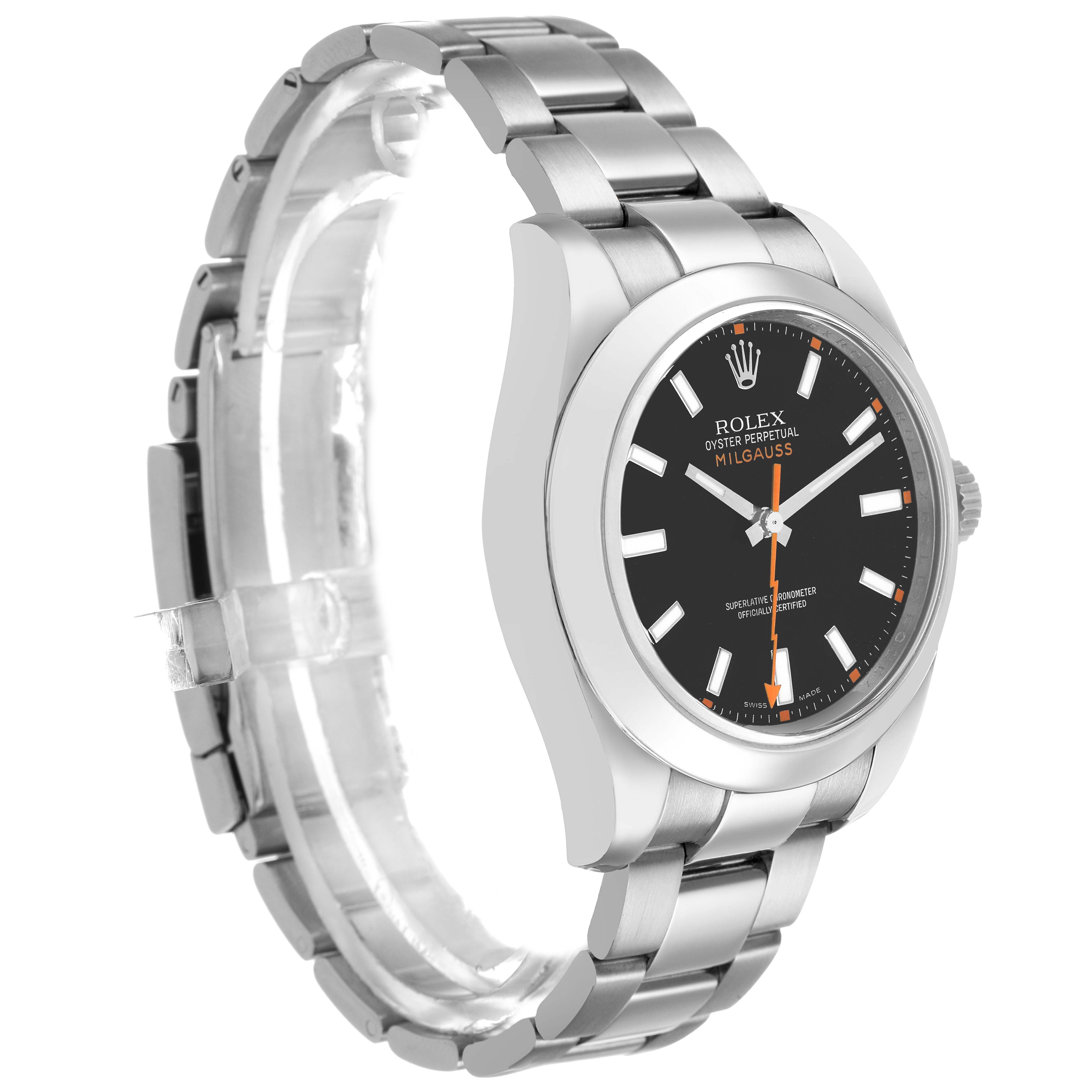 The Rolex Milgauss 116400 Men's Stainless Steel Black Dial watch is shown at a side angle, featuring the bezel, dial, and bracelet.