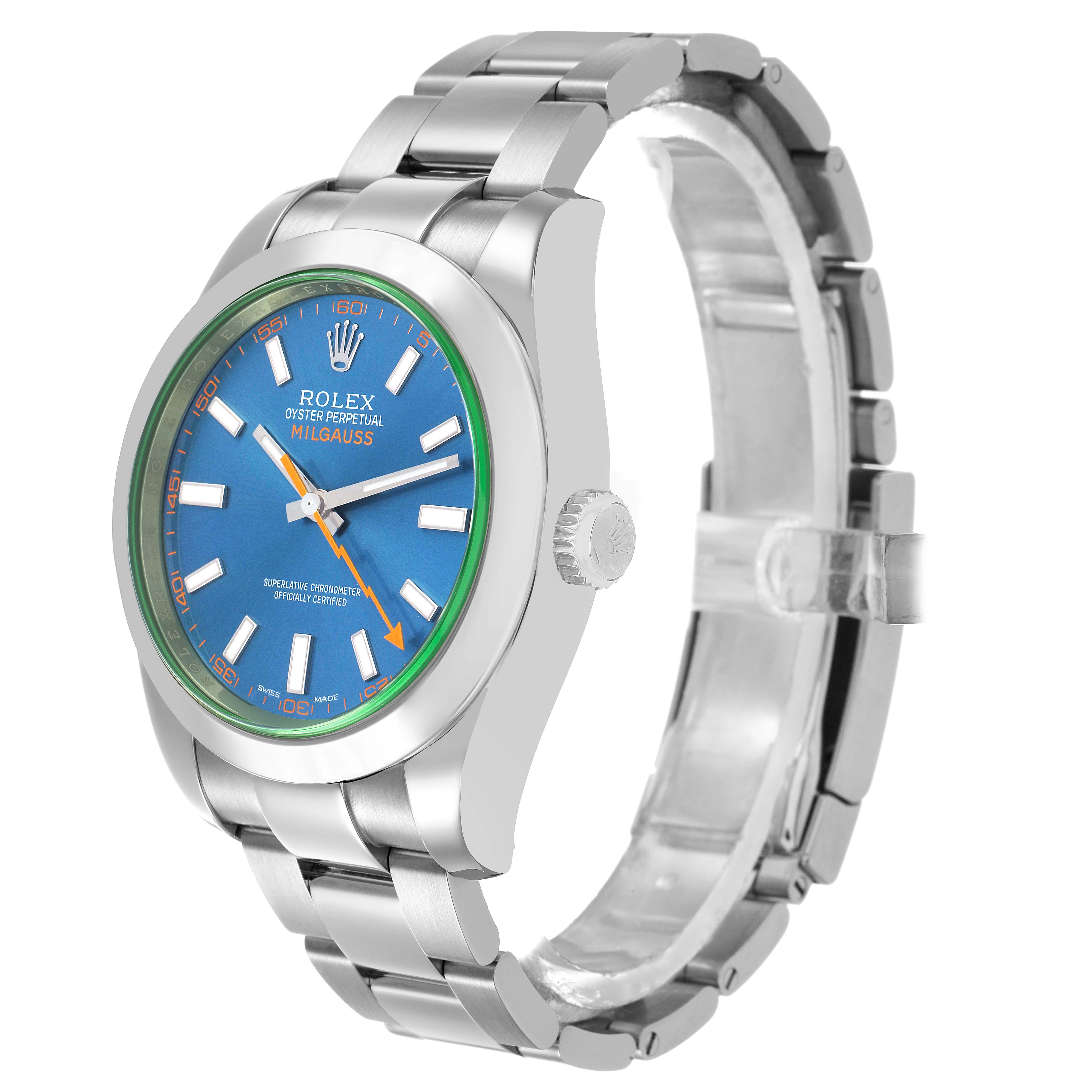 The Rolex Milgauss 116400GV Men's Stainless Steel Blue Dial watch is shown at an oblique angle displaying the face, bezel, crown, and bracelet.