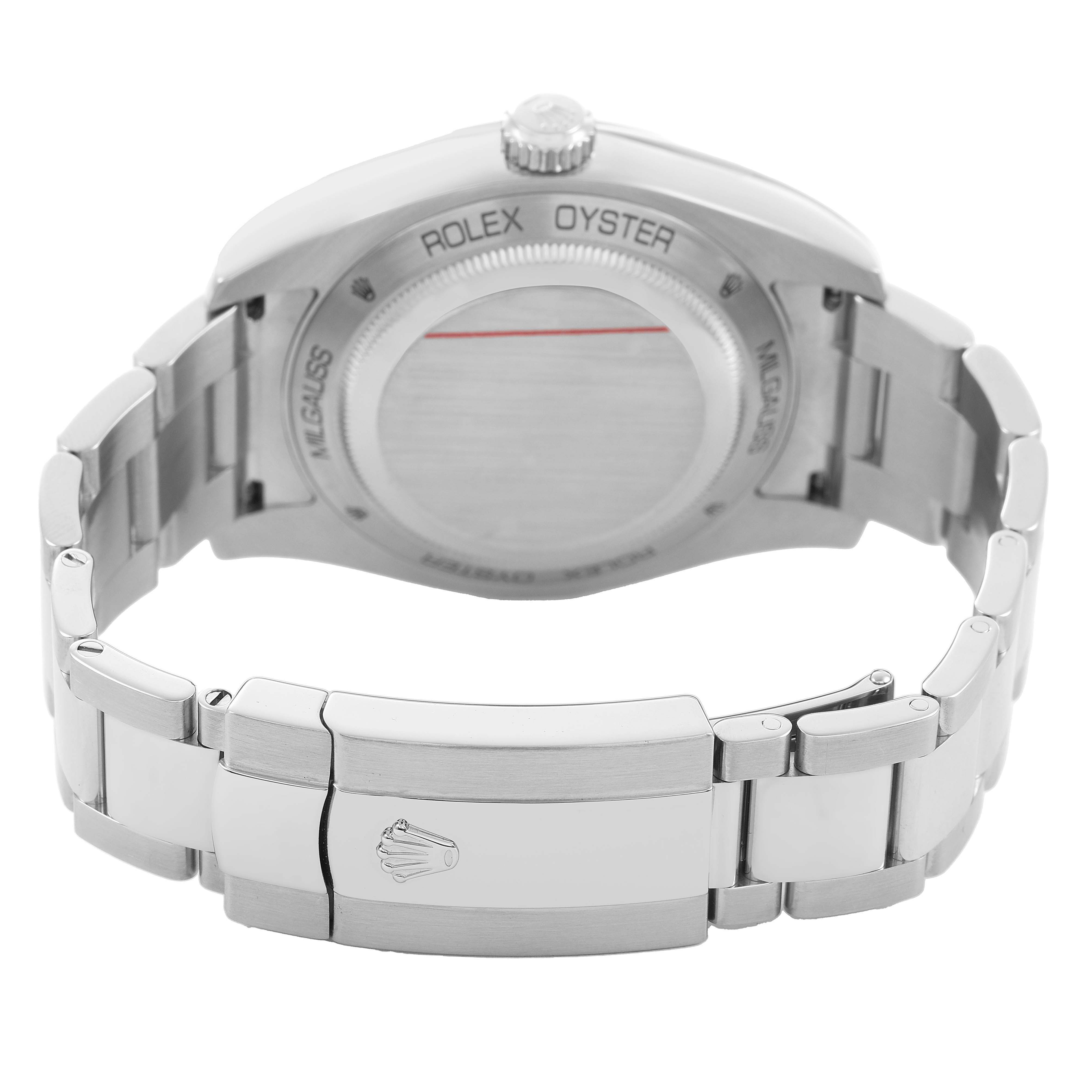 The image shows the back and clasp of the Rolex Milgauss 116400GV Men's Stainless Steel Blue Dial watch, highlighting the metal bracelet and caseback.