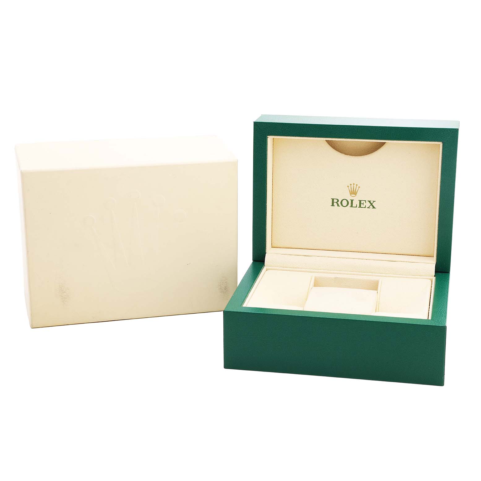 The image shows an open green Rolex Milgauss 116400GV Men's Stainless Steel Blue Dial watch box and its beige outer box.