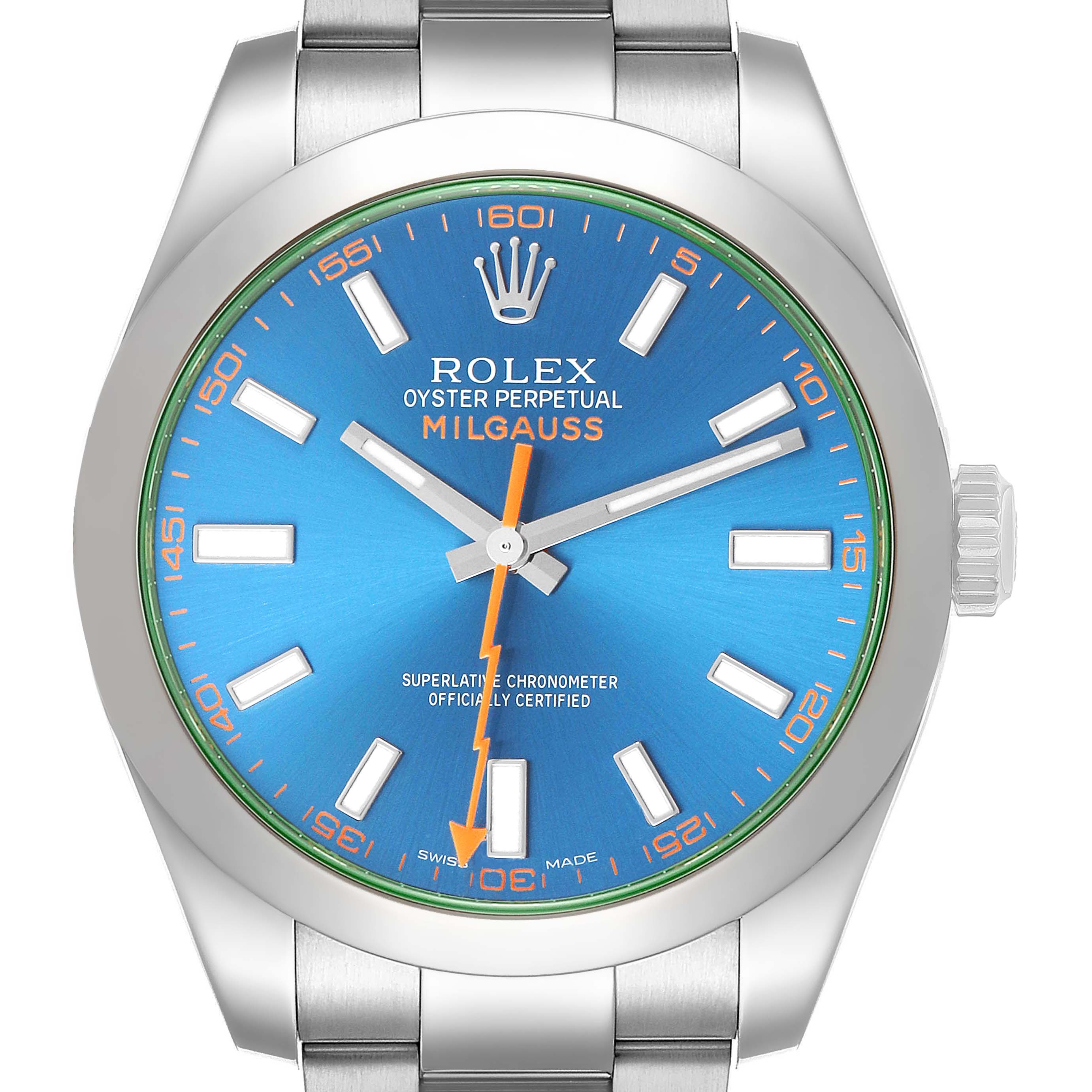 The Rolex Milgauss 116400GV Men's Stainless Steel Blue Dial watch is shown from the front, displaying the blue dial and orange lightning bolt second hand.