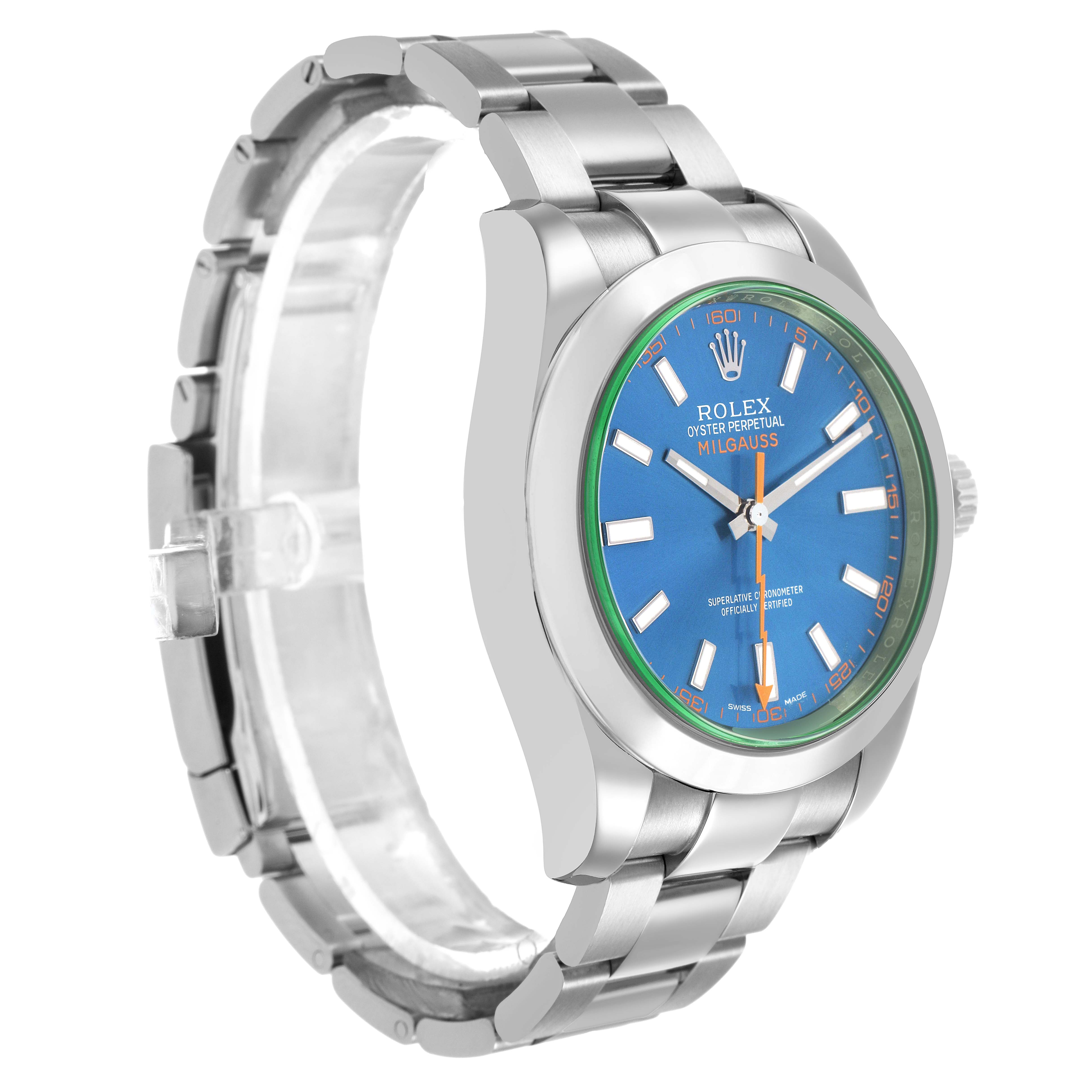 The Rolex Milgauss 116400GV Men's Stainless Steel Blue Dial watch is shown at a three-quarter angle, displaying the face, bezel, and bracelet.