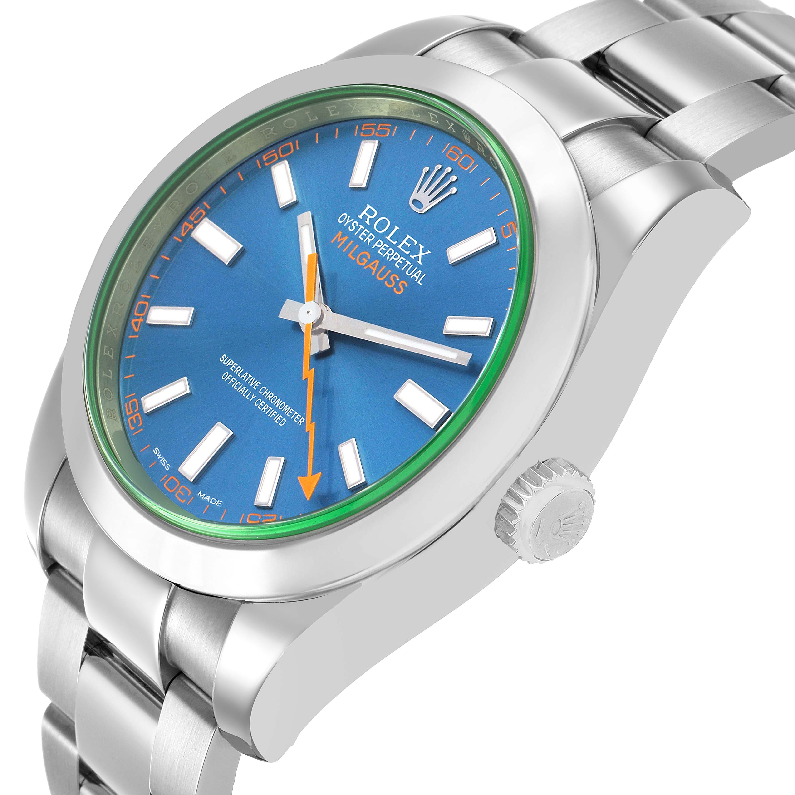The image shows a side angle of the Rolex Milgauss 116400GV Men's Stainless Steel Blue Dial, highlighting the blue dial, orange second hand, crown, and part of the bracelet.