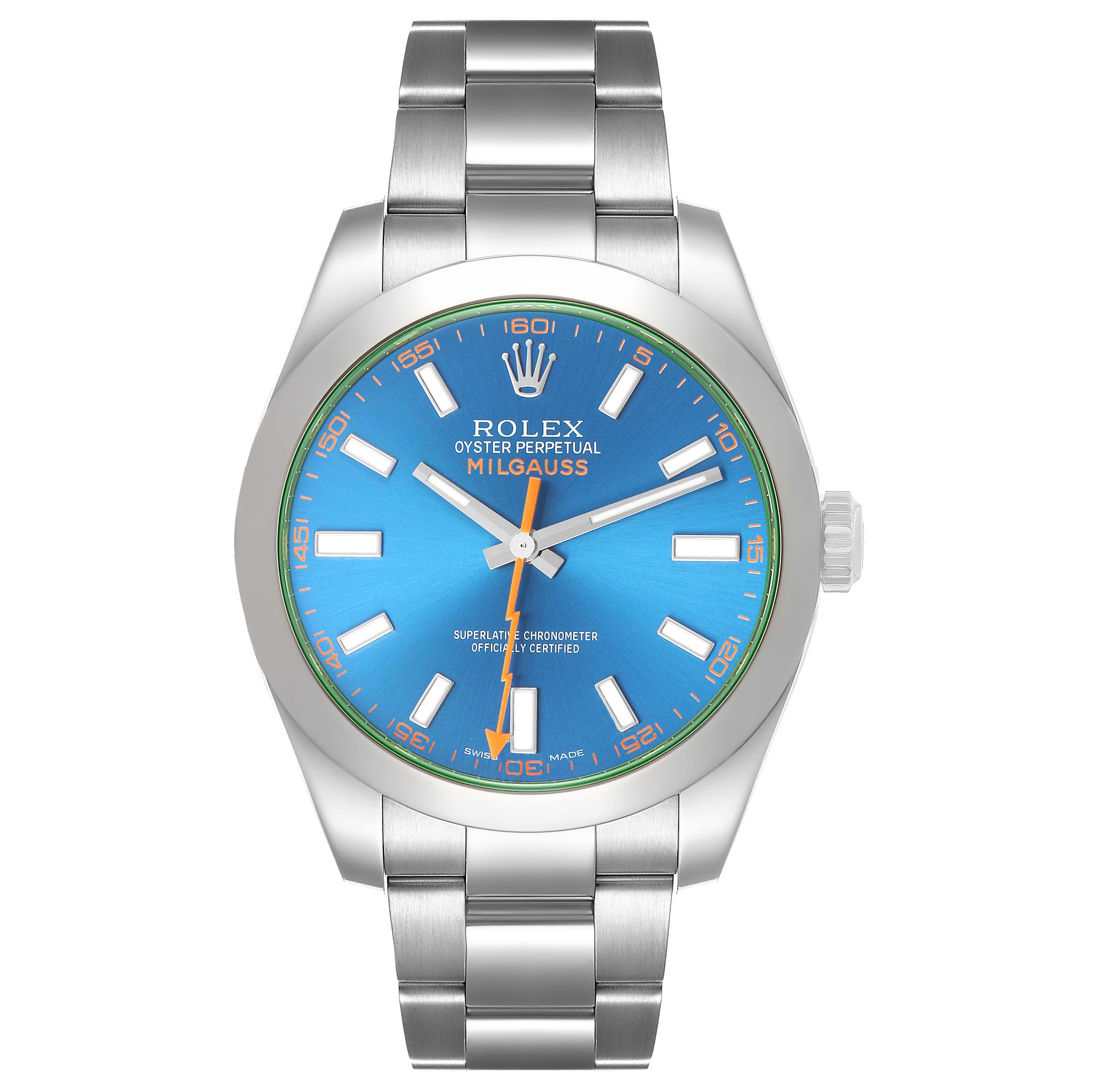 The Rolex Milgauss 116400GV Men's Stainless Steel Blue Dial watch is shown from a front angle, highlighting its blue dial, markers, hands, and stainless steel bracelet.