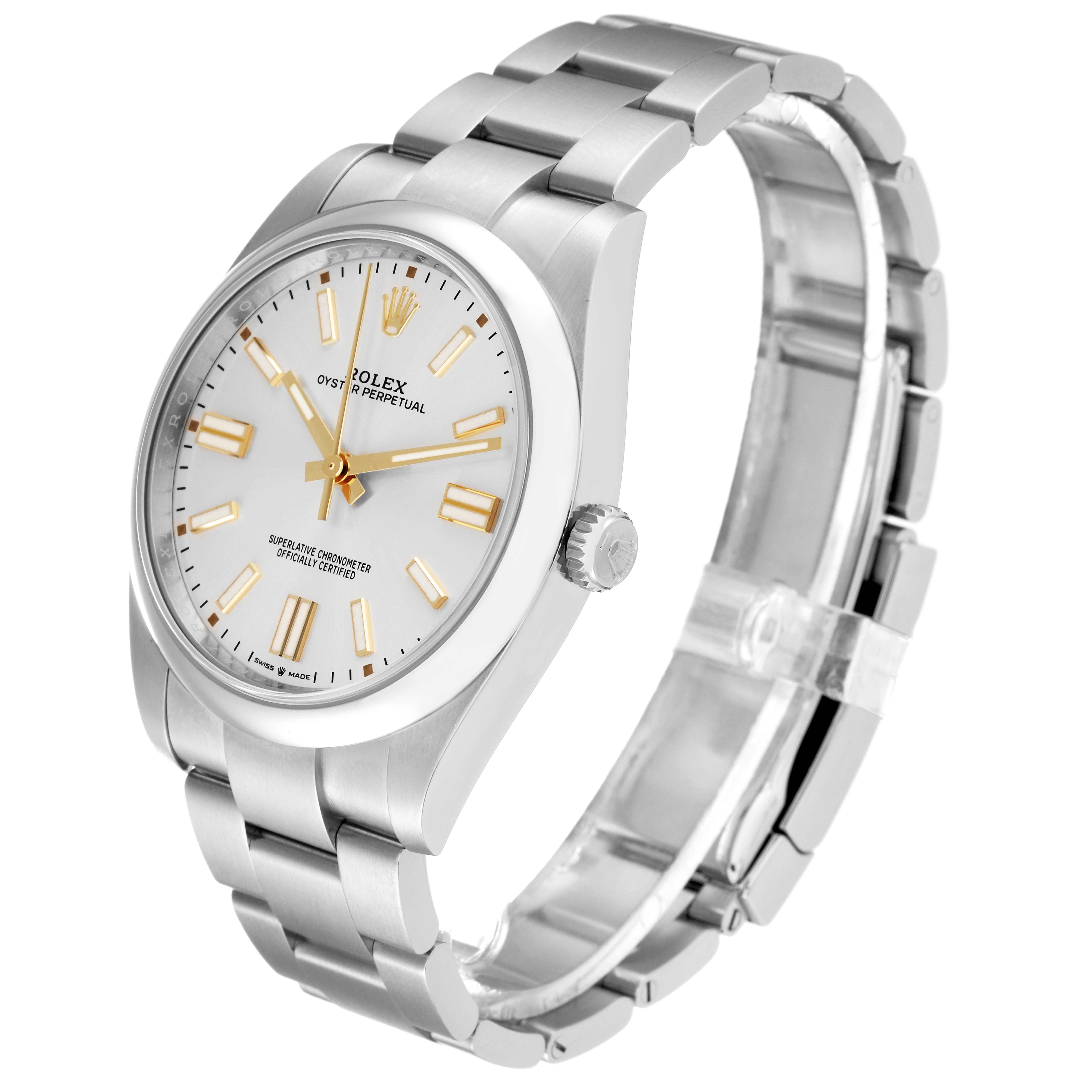 The Rolex Oyster Perpetual 124300 Men's Stainless Steel Silver Dial 124300 Men's Stainless Steel Silver Dial watch is shown at a slight side angle, highlighting its silver dial, bracelet, and visible crown.