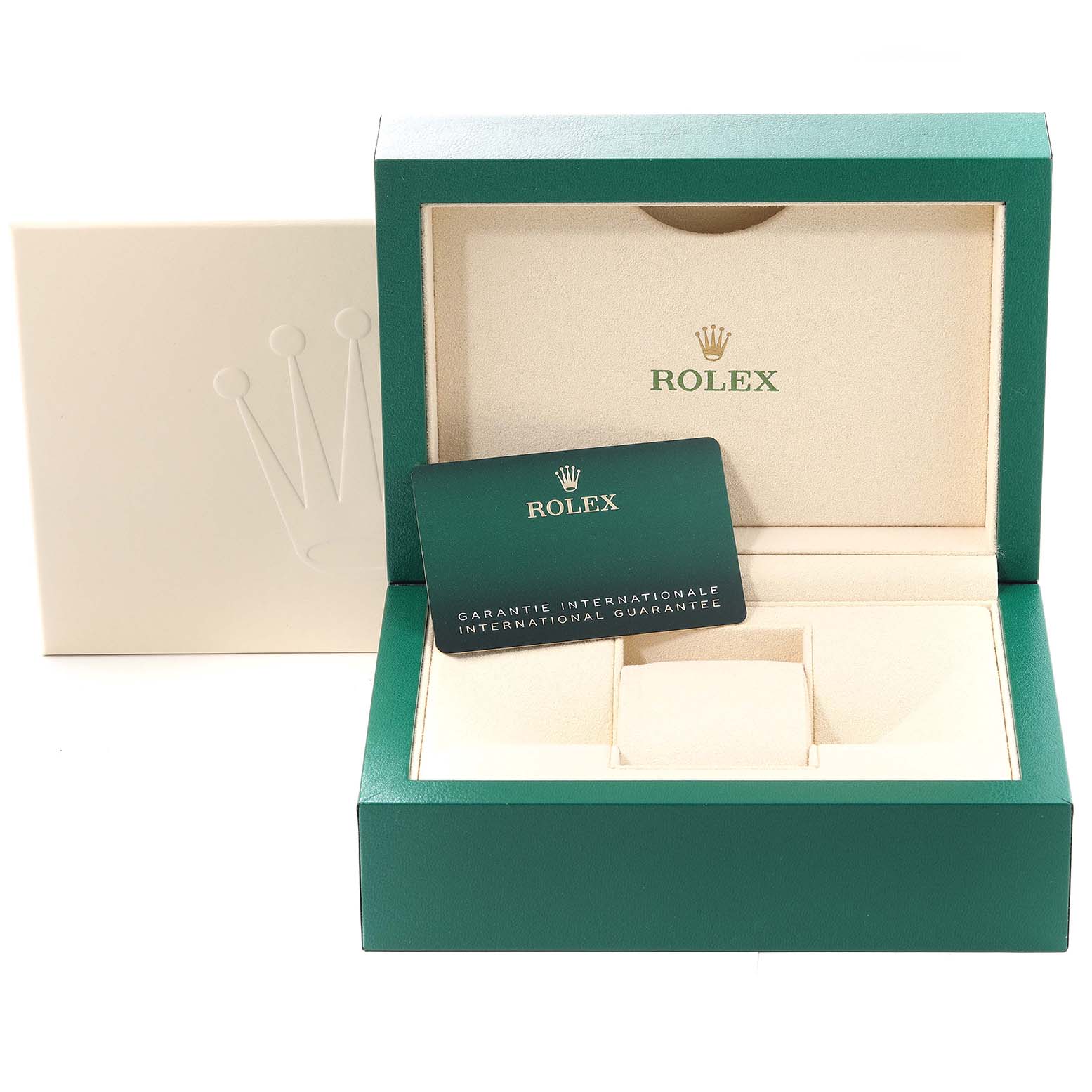 The image shows the packaging, a green watch box, and an international guarantee card for the Rolex Oyster Perpetual 124300 Men's Stainless Steel Silver Dial 124300 Men's Stainless Steel Silver Dial model.