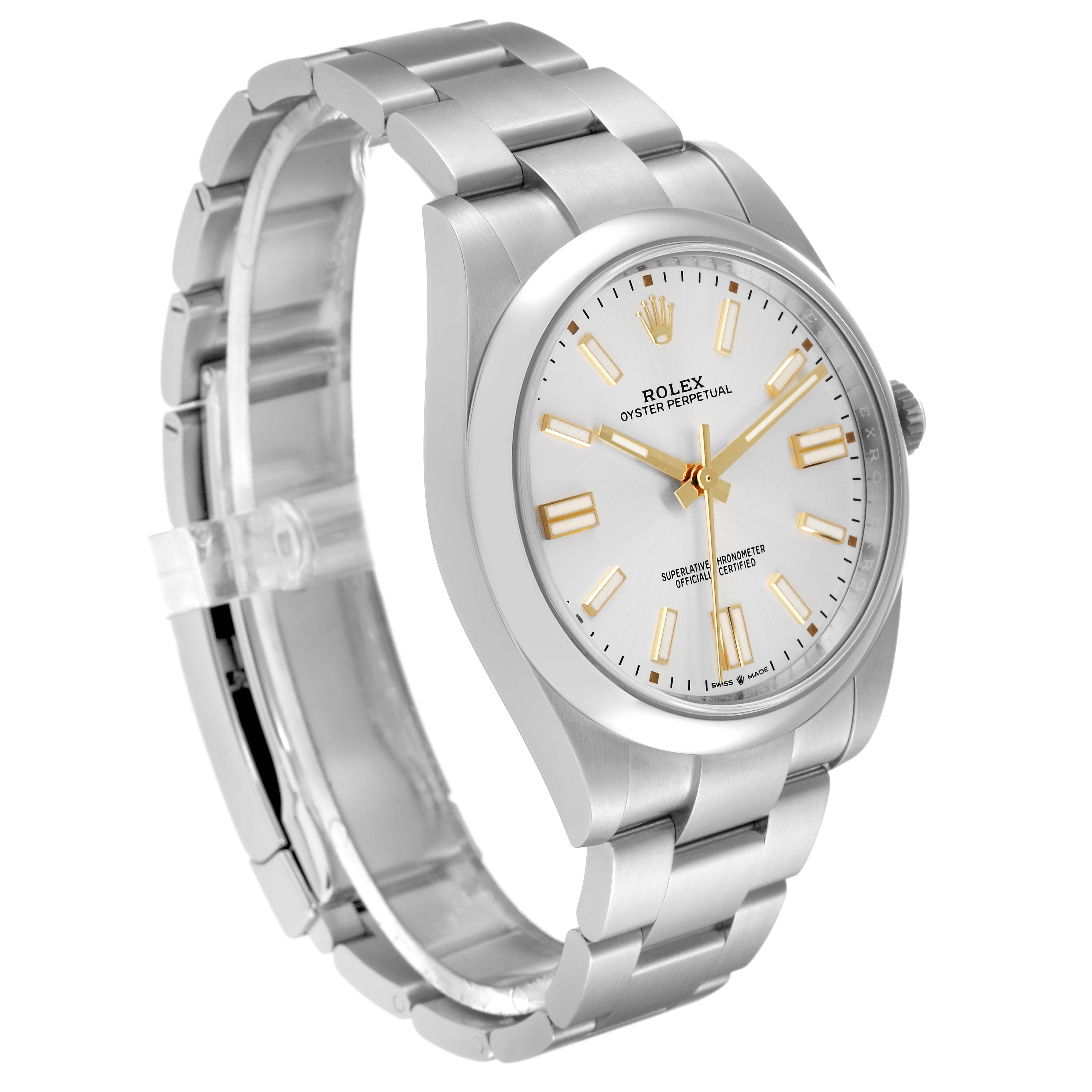 This image shows a Rolex Oyster Perpetual 124300 Men's Stainless Steel Silver Dial 124300 Men's Stainless Steel Silver Dial watch with a silver bracelet and a white dial, viewed at a three-quarter angle.