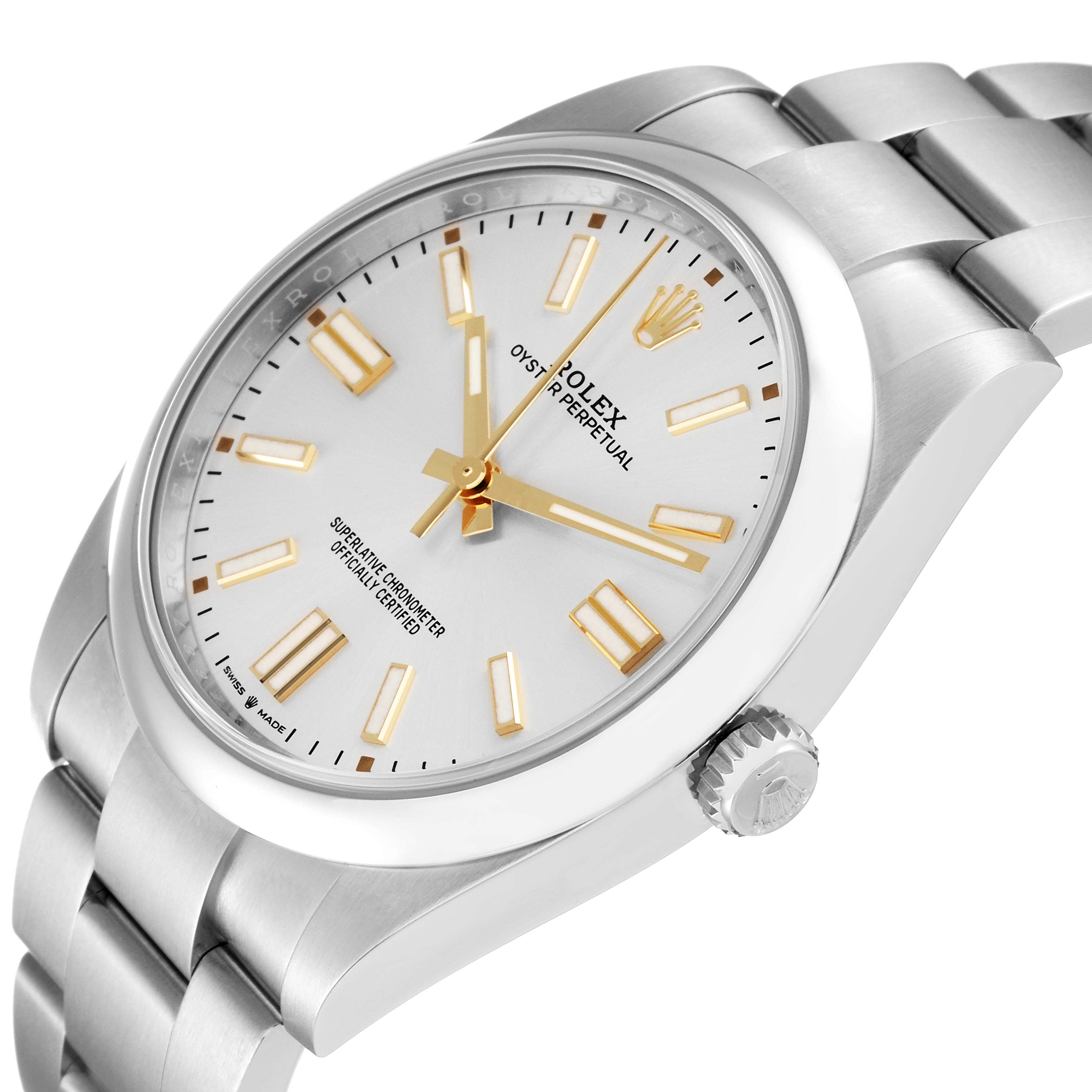 The image shows a close-up angle of the Rolex Oyster Perpetual 124300 Men's Stainless Steel Silver Dial 124300 Men's Stainless Steel Silver Dial watch, highlighting the dial, crown, and part of the metal bracelet.