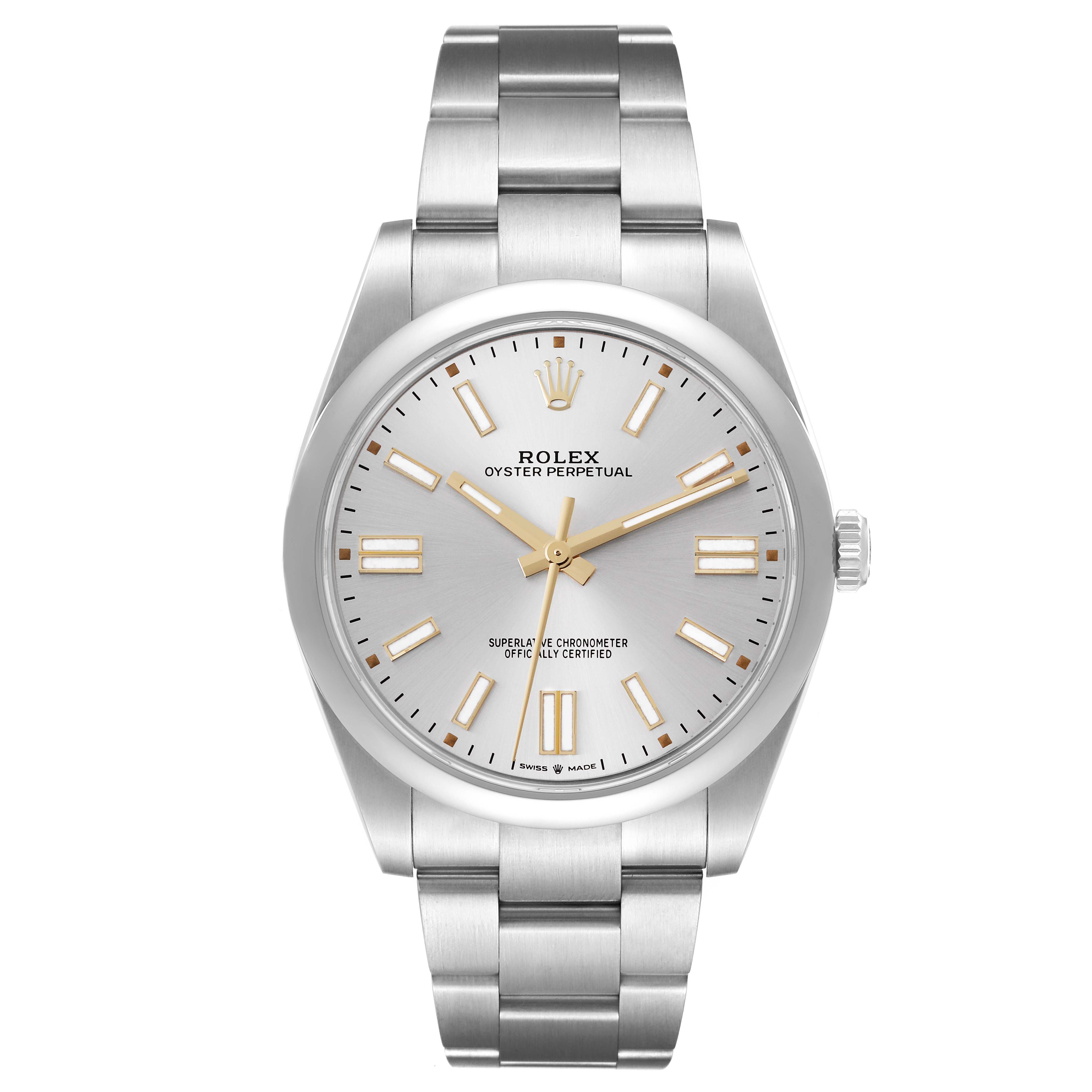 This image shows a front view of the Rolex Oyster Perpetual 124300 Men's Stainless Steel Silver Dial 124300 Men's Stainless Steel Silver Dial watch, displaying the dial, hands, markers, and bracelet.