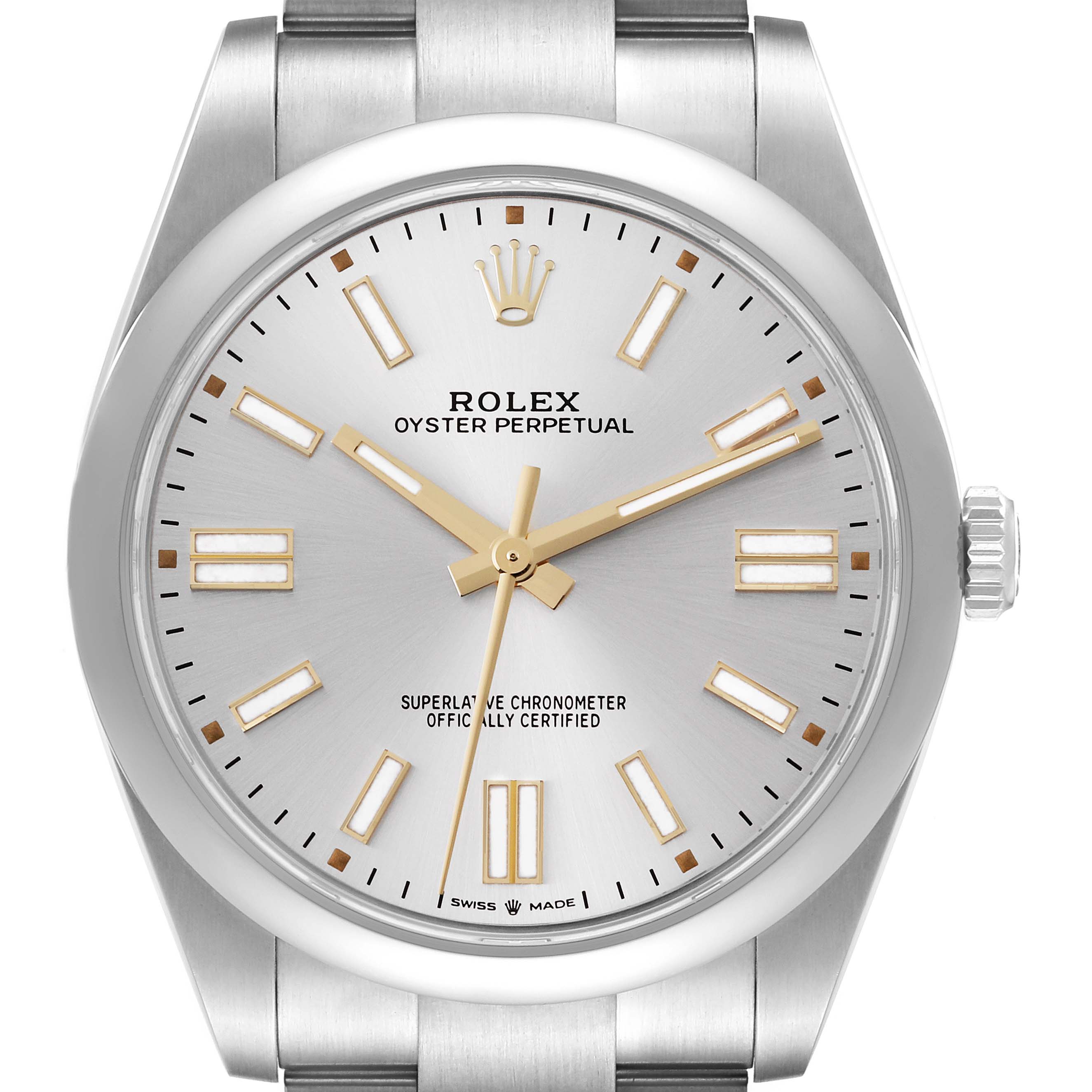 The image shows a close-up of the dial and bezel of a Rolex Oyster Perpetual 124300 Men's Stainless Steel Silver Dial 124300 Men's Stainless Steel Silver Dial watch, displaying hour markers, hands, and the brand logo.