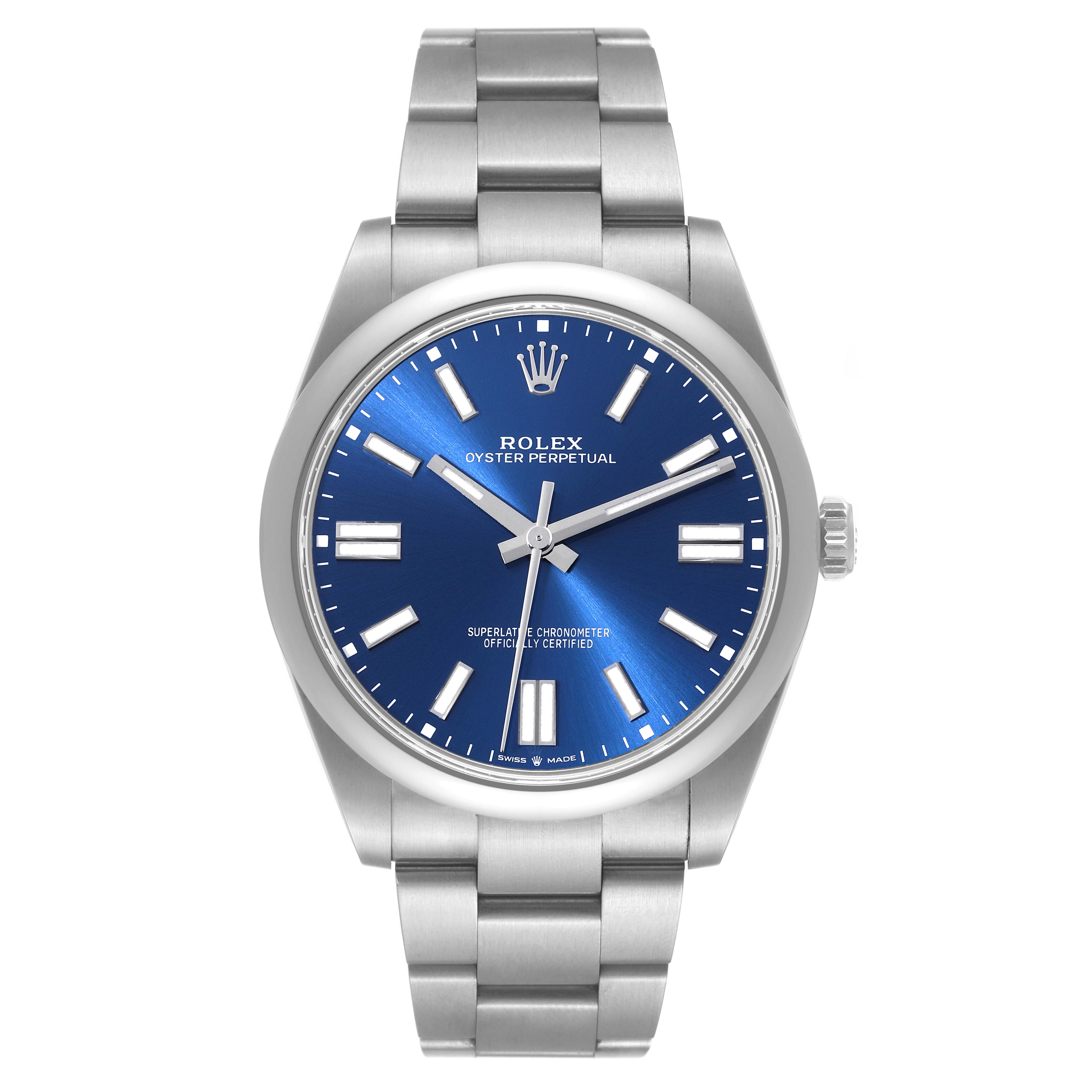 This image shows a front view of a Rolex Oyster Perpetual 124300 Men's Stainless Steel Blue Dial 124300 Men's Stainless Steel Blue Dial watch, highlighting its blue dial, silver hands, markers, and metal bracelet.