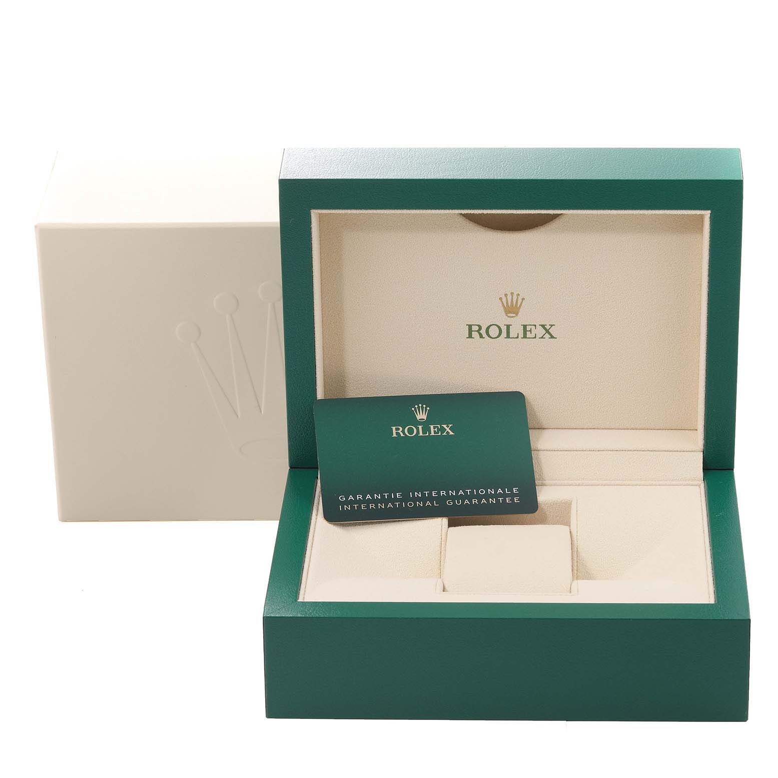 The image shows the open case and warranty card of a Rolex Oyster Perpetual 124300 Men's Stainless Steel Blue Dial 124300 Men's Stainless Steel Blue Dial watch.