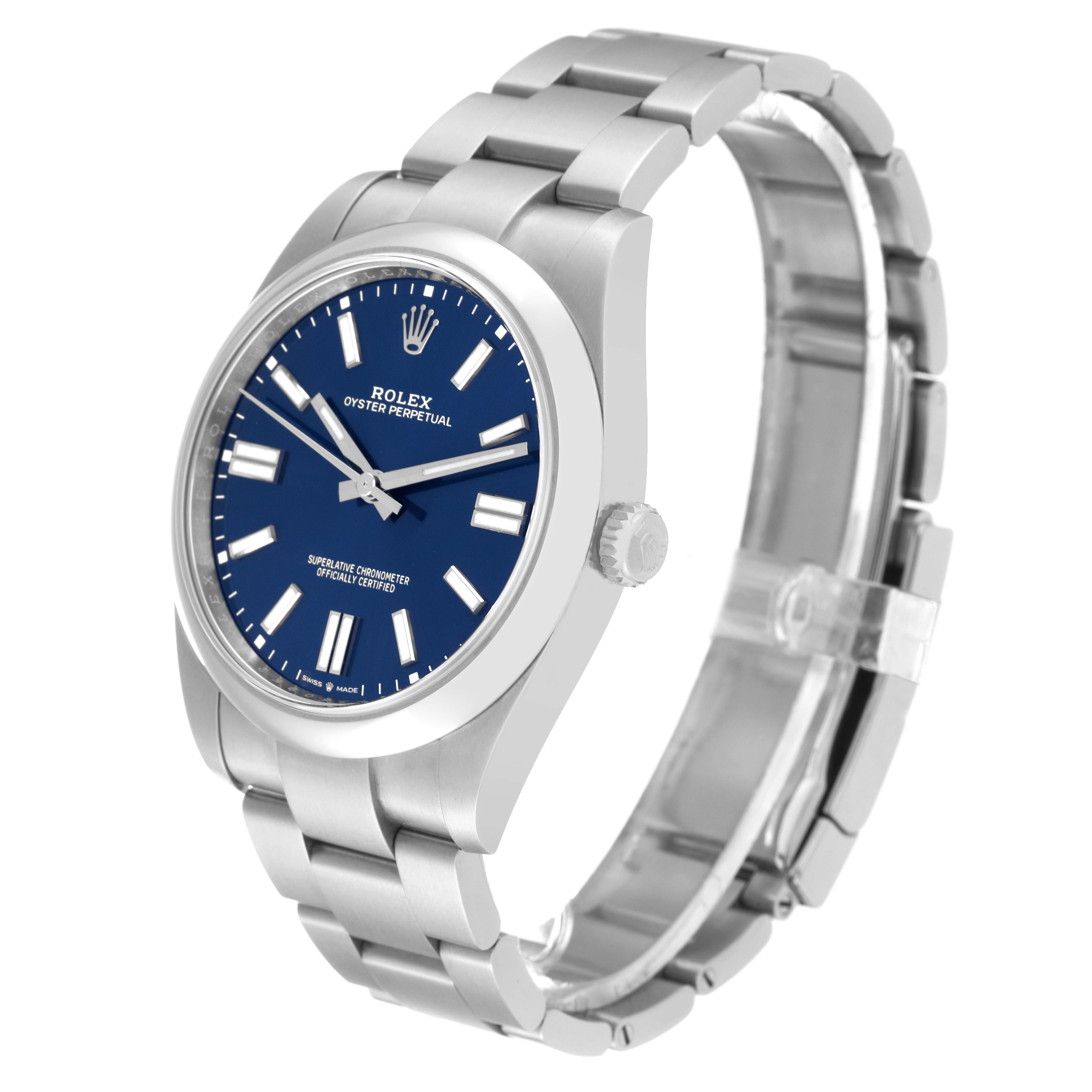 This image shows a side angle of a Rolex Oyster Perpetual 124300 Men's Stainless Steel Blue Dial 124300 Men's Stainless Steel Blue Dial watch with a blue dial and silver stainless steel bracelet.