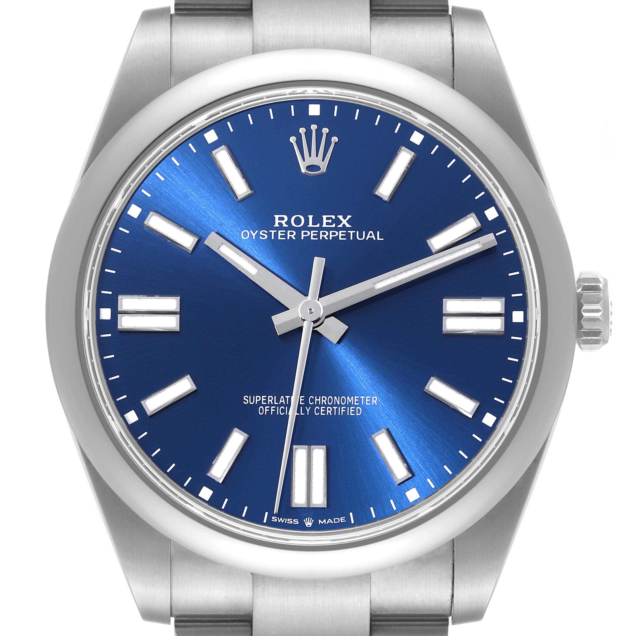 This Rolex Oyster Perpetual 124300 Men's Stainless Steel Blue Dial 124300 Men's Stainless Steel Blue Dial watch is shown from a front angle, featuring the dial, hands, markers, and part of the bracelet.