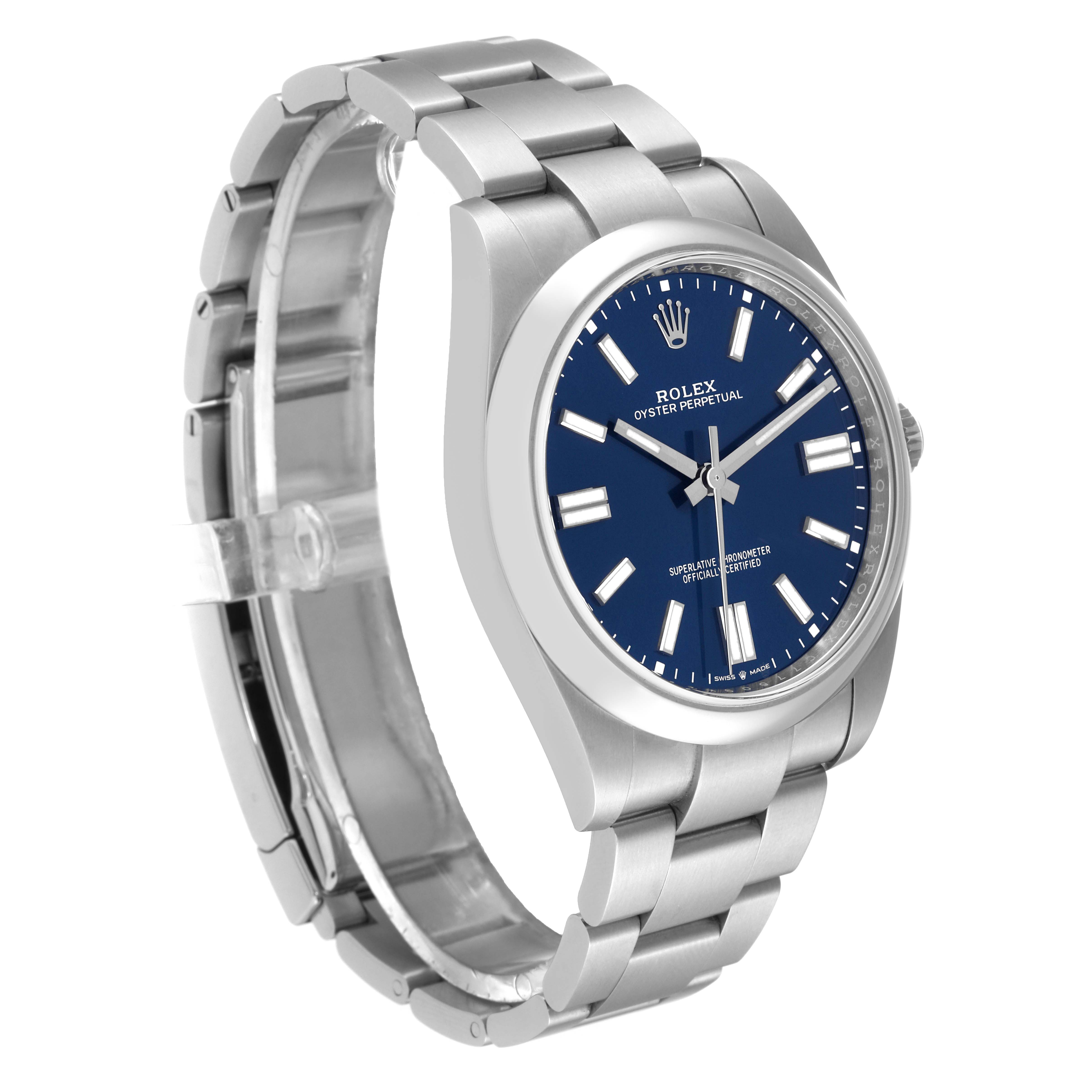 The image shows a side angle of the Rolex Oyster Perpetual 124300 Men's Stainless Steel Blue Dial 124300 Men's Stainless Steel Blue Dial watch, highlighting its stainless steel bracelet and blue dial.