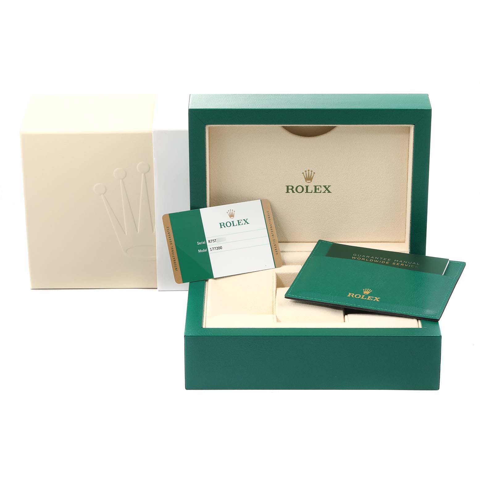 This image shows the packaging, warranty card, and documentation for a Mid-Size Rolex watch.