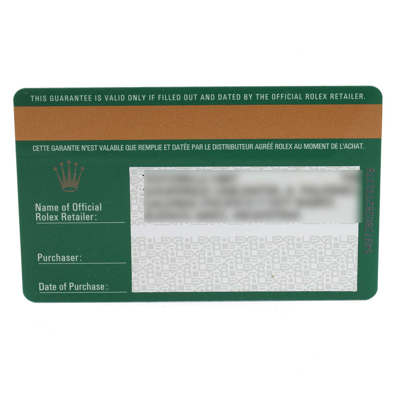 This image shows a Rolex guarantee card for a Mid-Size model, featuring information fields for the official retailer and purchaser.
