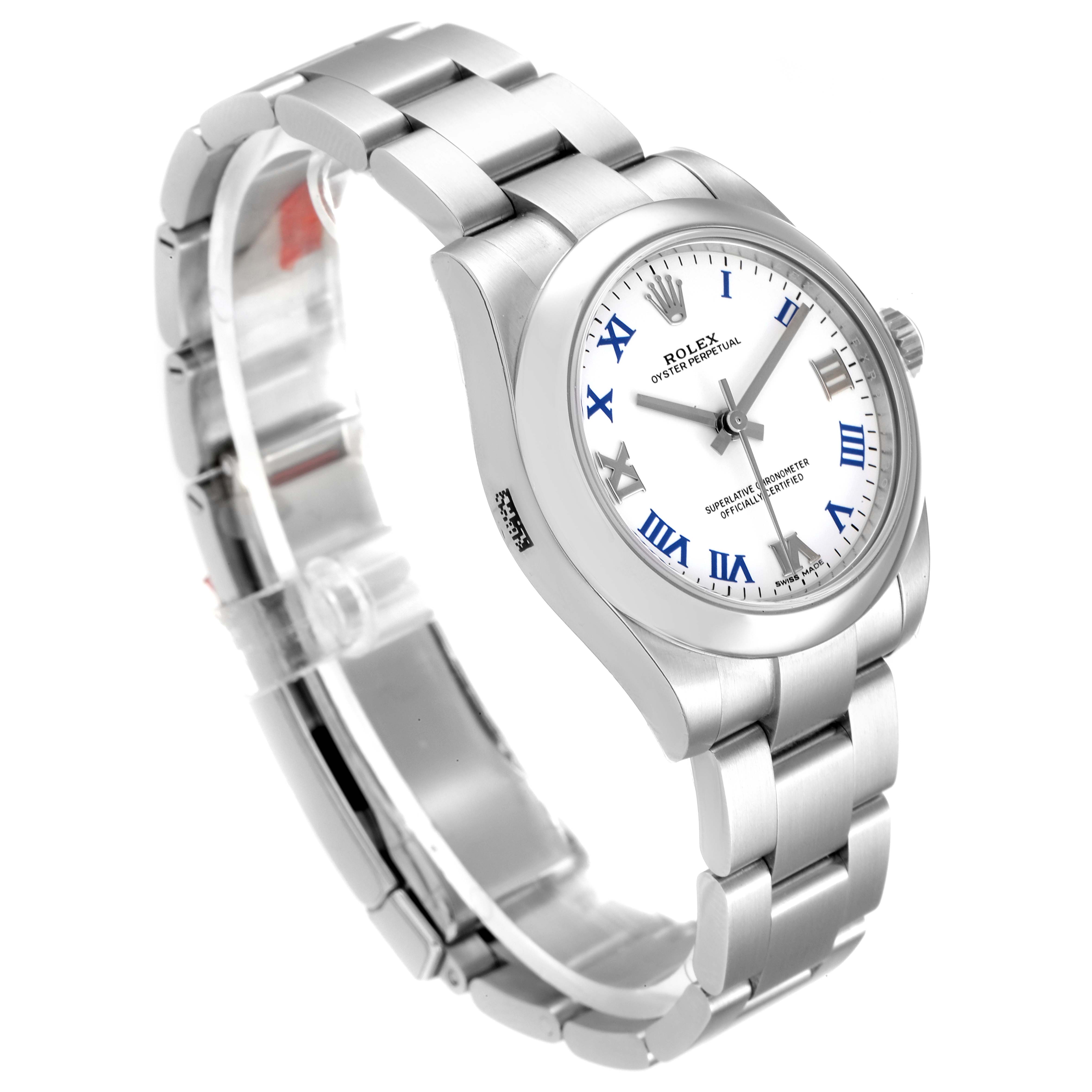 The image shows a front angled view of a Rolex Mid-Size 177200 Women's Stainless Steel White Dial 177200 Women's Stainless Steel White Dial model watch, highlighting the white dial and metallic bracelet.