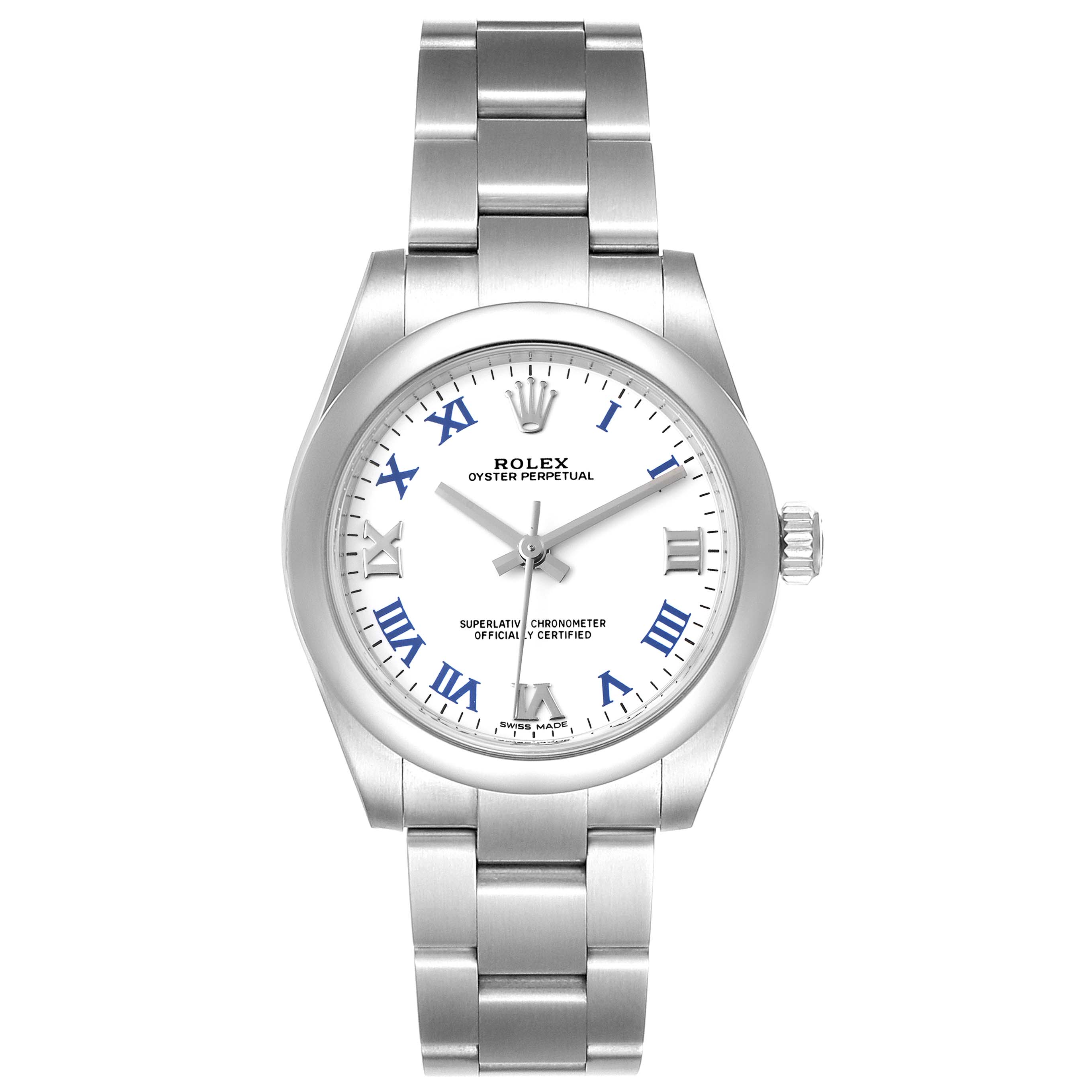 This image shows a front view of the Rolex Oyster Perpetual Mid-Size model displaying its dial, bezel, and bracelet.