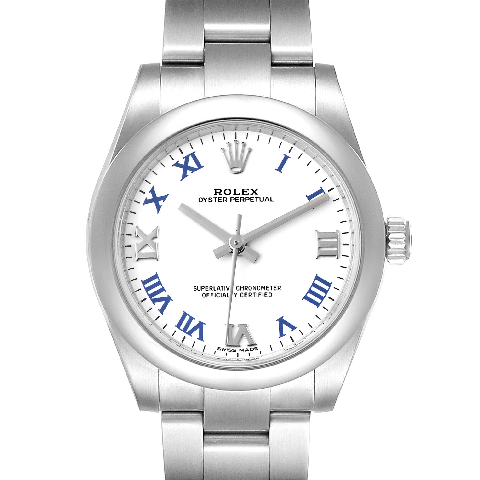 This image shows the front view of the Rolex Mid-Size 177200 Women's Stainless Steel White Dial 177200 Women's Stainless Steel White Dial Oyster Perpetual watch, highlighting the dial, bracelet, and crown.
