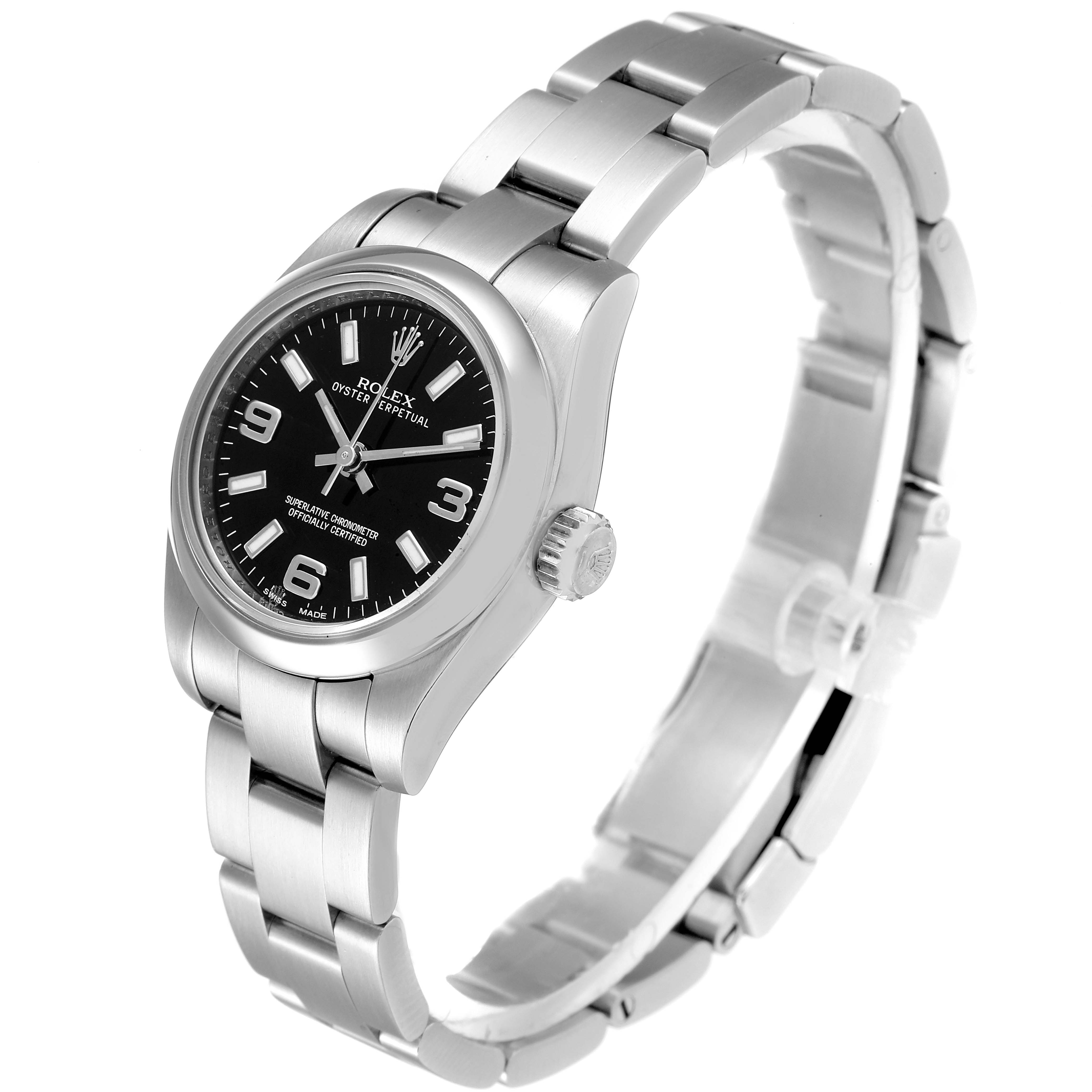 The image shows a side and slightly top view of a Rolex Oyster Perpetual 176200 Women's Stainless Steel Black Dial 176200 Women's Stainless Steel Black Dial watch, highlighting the bracelet, dial, and crown.