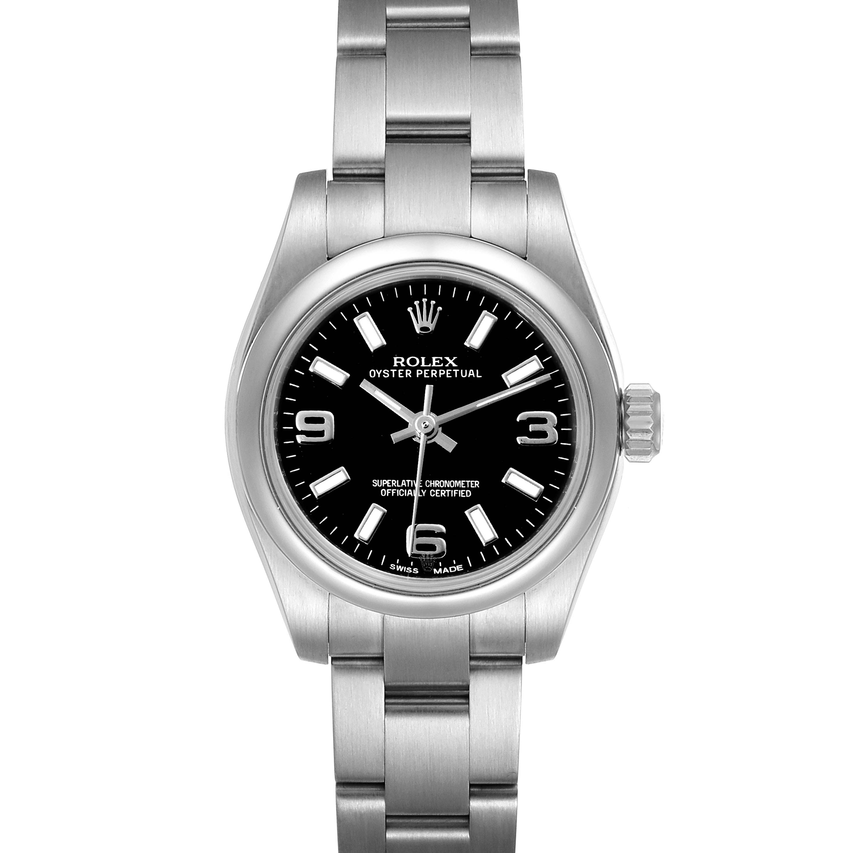 The image shows a front view of a Rolex Oyster Perpetual 176200 Women's Stainless Steel Black Dial 176200 Women's Stainless Steel Black Dial watch, highlighting its black dial and stainless steel bracelet.