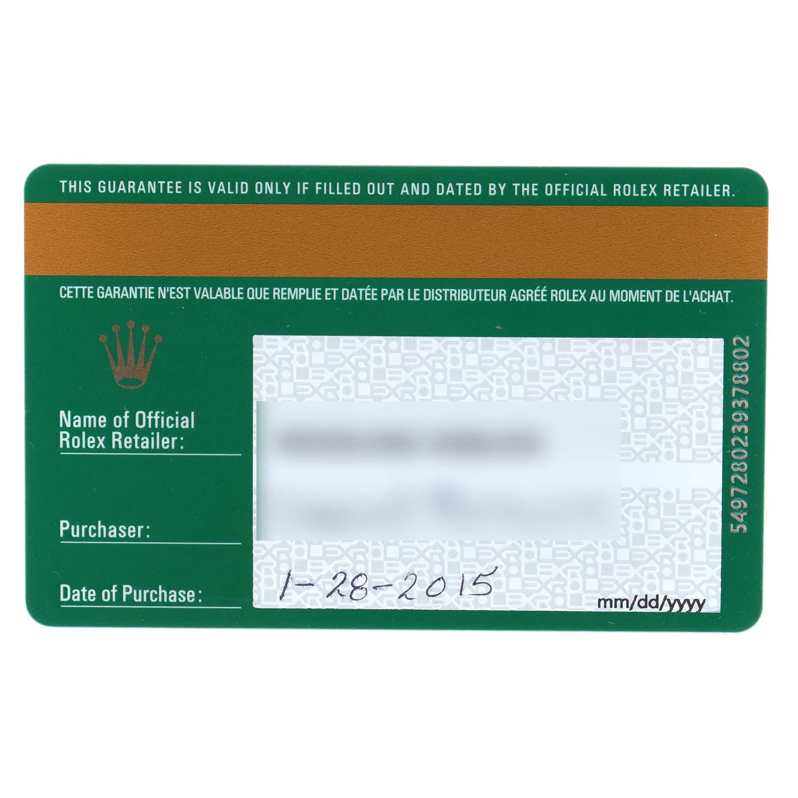 The image shows a guarantee card for a Rolex Oyster Perpetual 176200 Women's Stainless Steel Black Dial 176200 Women's Stainless Steel Black Dial watch, filled out by the official retailer.