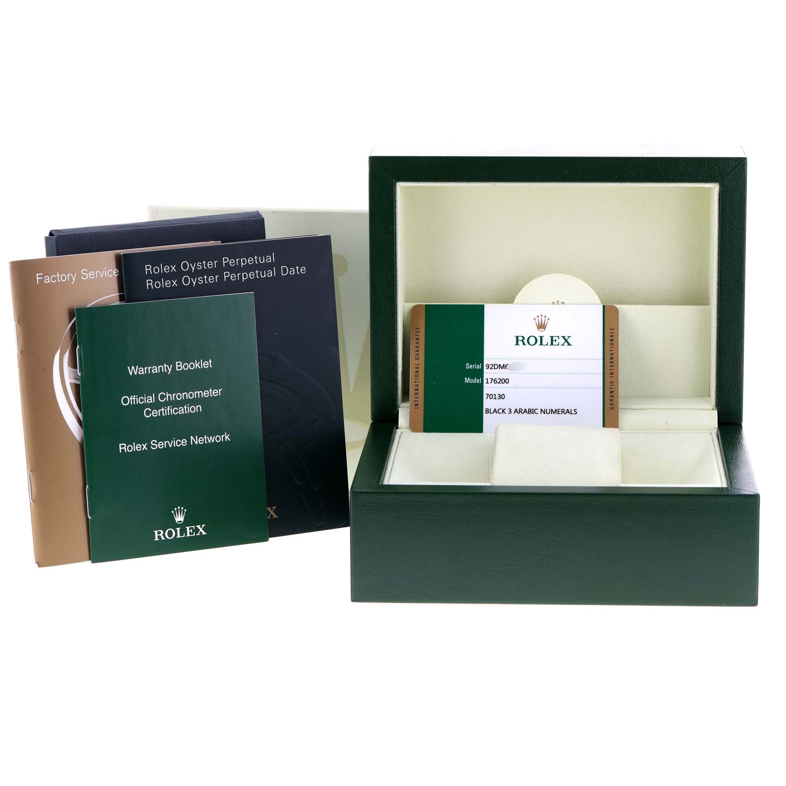The image shows the packaging, warranty booklet, manuals, and certification card for a Rolex Oyster Perpetual 176200 Women's Stainless Steel Black Dial 176200 Women's Stainless Steel Black Dial watch.
