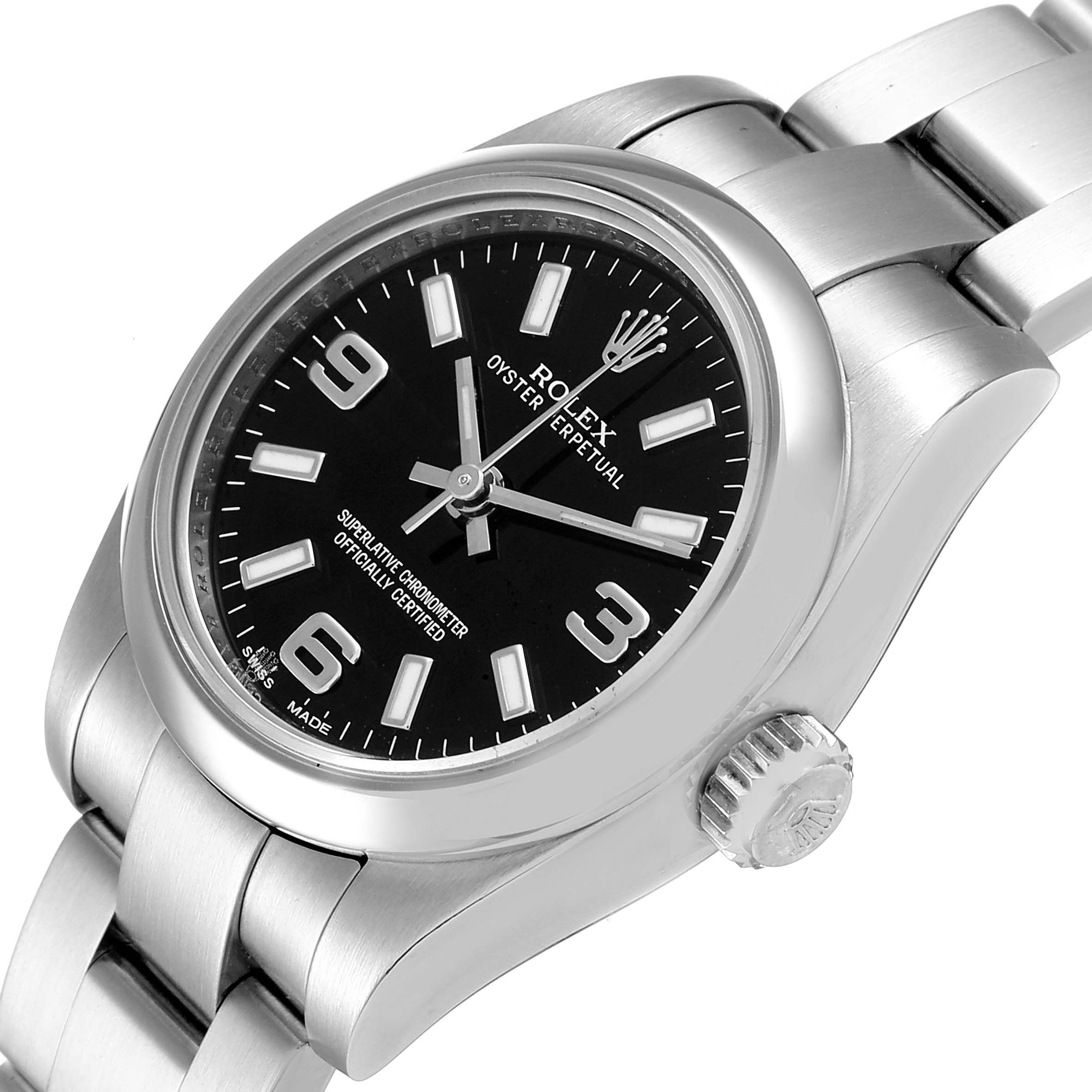 This image shows a close-up angle of the Rolex Oyster Perpetual 176200 Women's Stainless Steel Black Dial 176200 Women's Stainless Steel Black Dial watch, highlighting its dial, crown, and part of the bracelet.