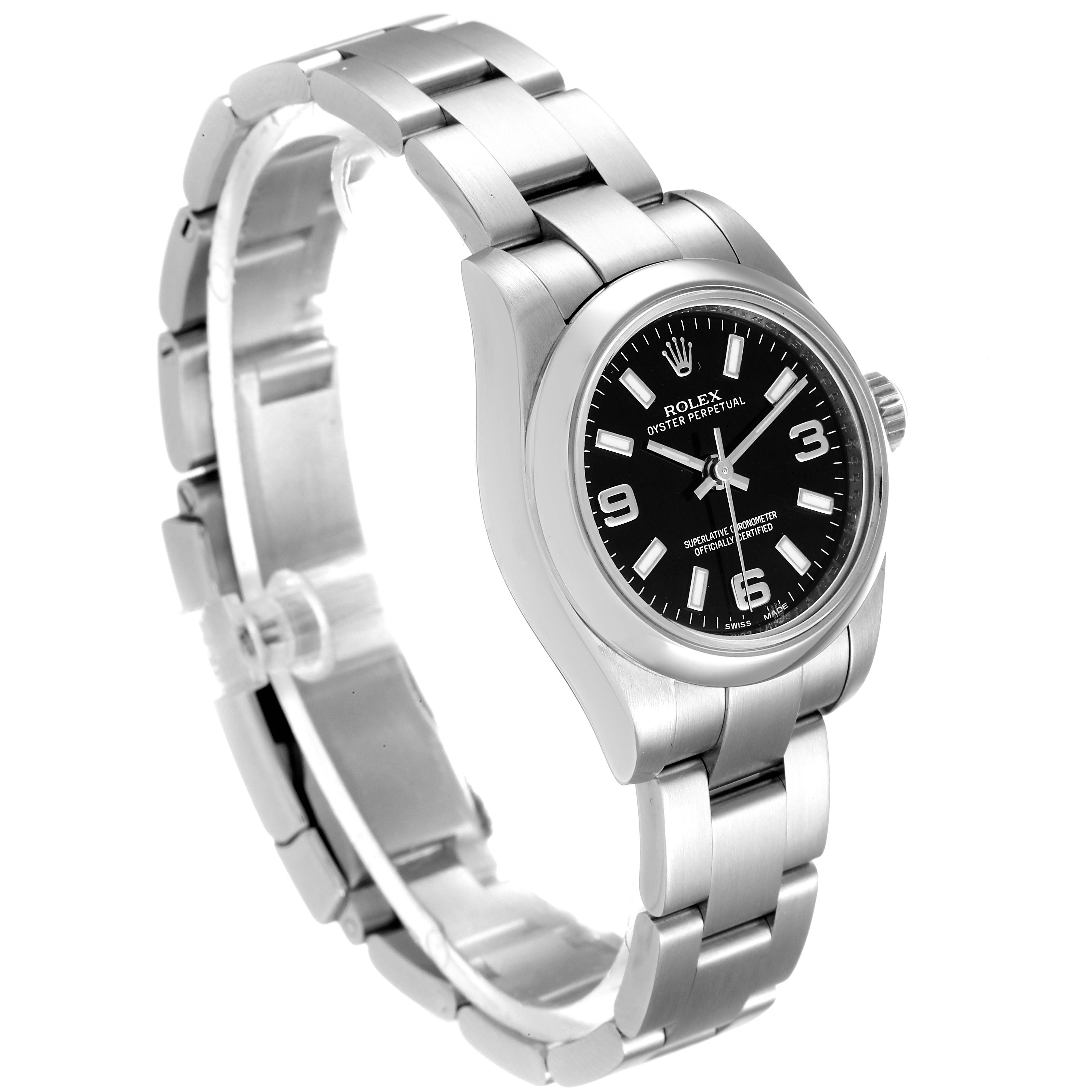 The image shows a side perspective of the Rolex Oyster Perpetual 176200 Women's Stainless Steel Black Dial 176200 Women's Stainless Steel Black Dial watch, displaying its black dial, bezel, and metal bracelet.