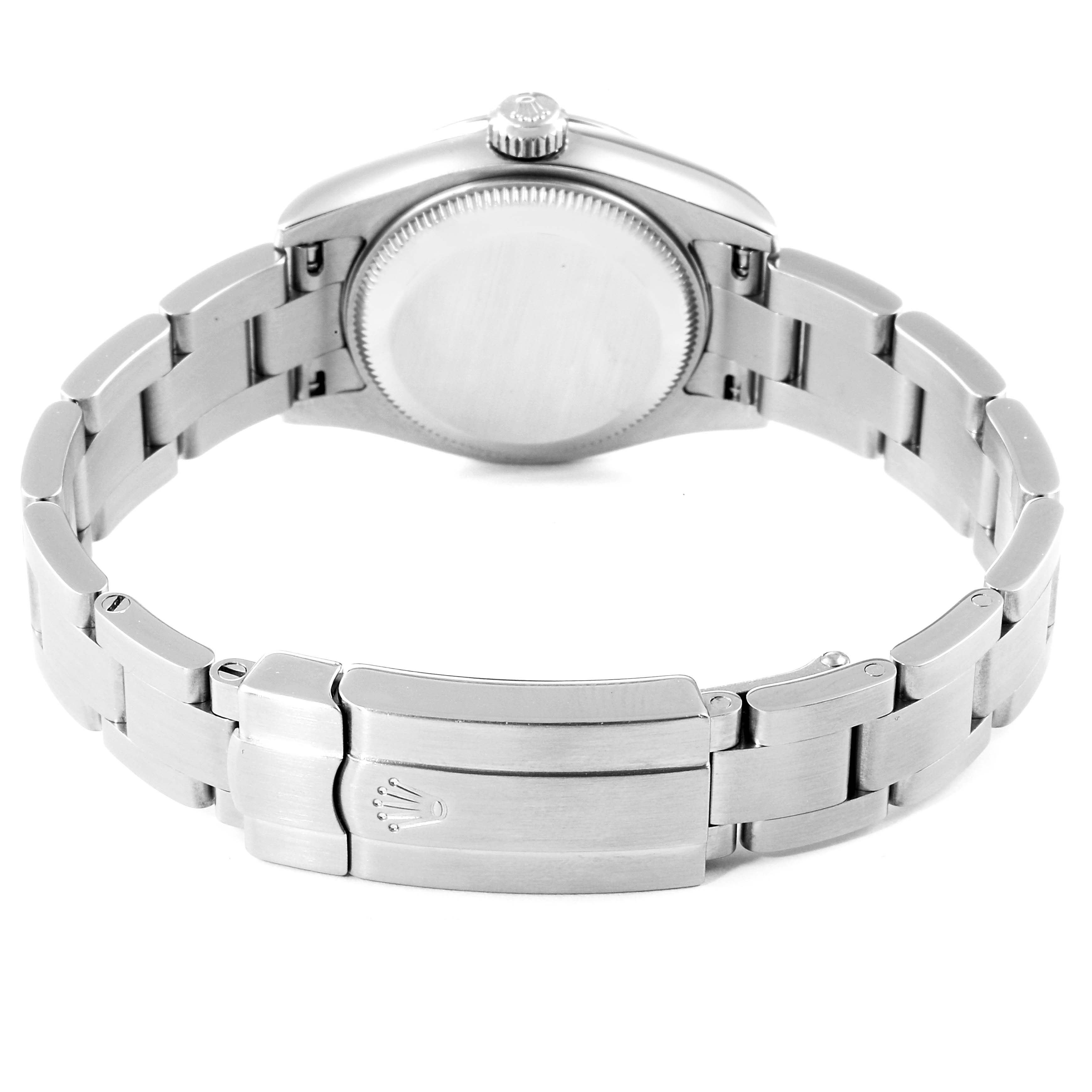 The image shows the back view of a Rolex Oyster Perpetual 176200 Women's Stainless Steel Black Dial 176200 Women's Stainless Steel Black Dial watch, including the case back and the bracelet with clasp.