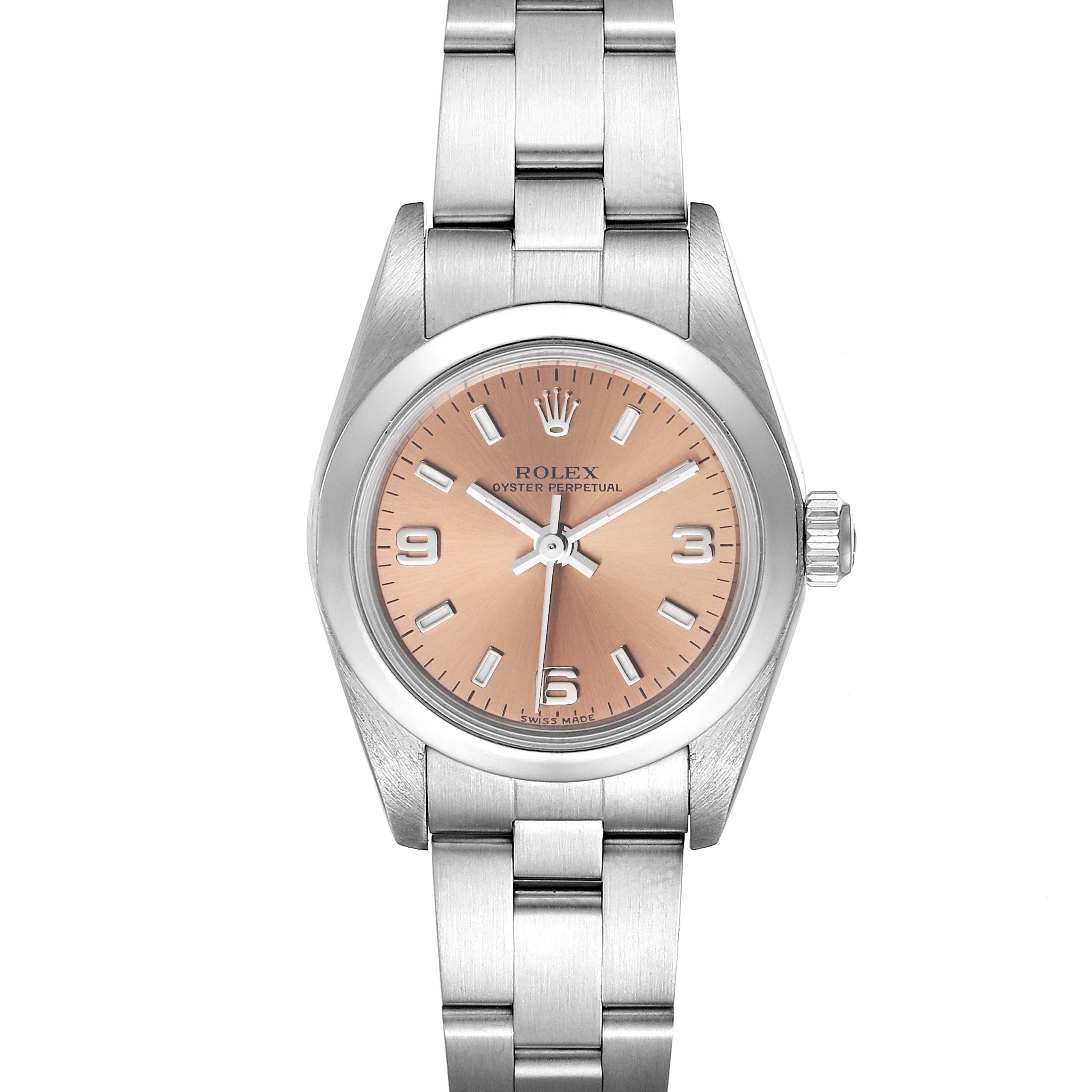 The image shows a frontal view of a Rolex Oyster Perpetual 76080 Women's Stainless Steel Pink Dial 76080 Women's Stainless Steel Pink Dial watch featuring its dial, bezel, crown, and portions of the bracelet.
