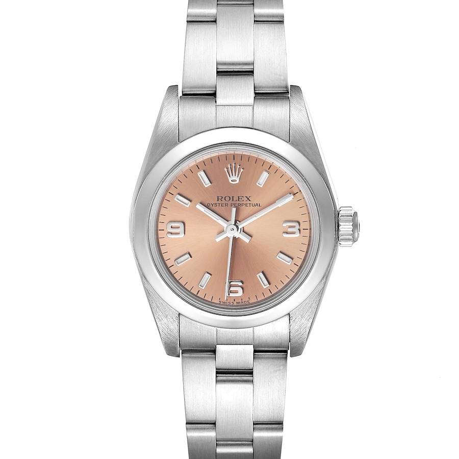 Rolex Oyster Perpetual Salmon Dial Domed Bezel Steel Watch 76080 Box Papers SwissWatchExpo