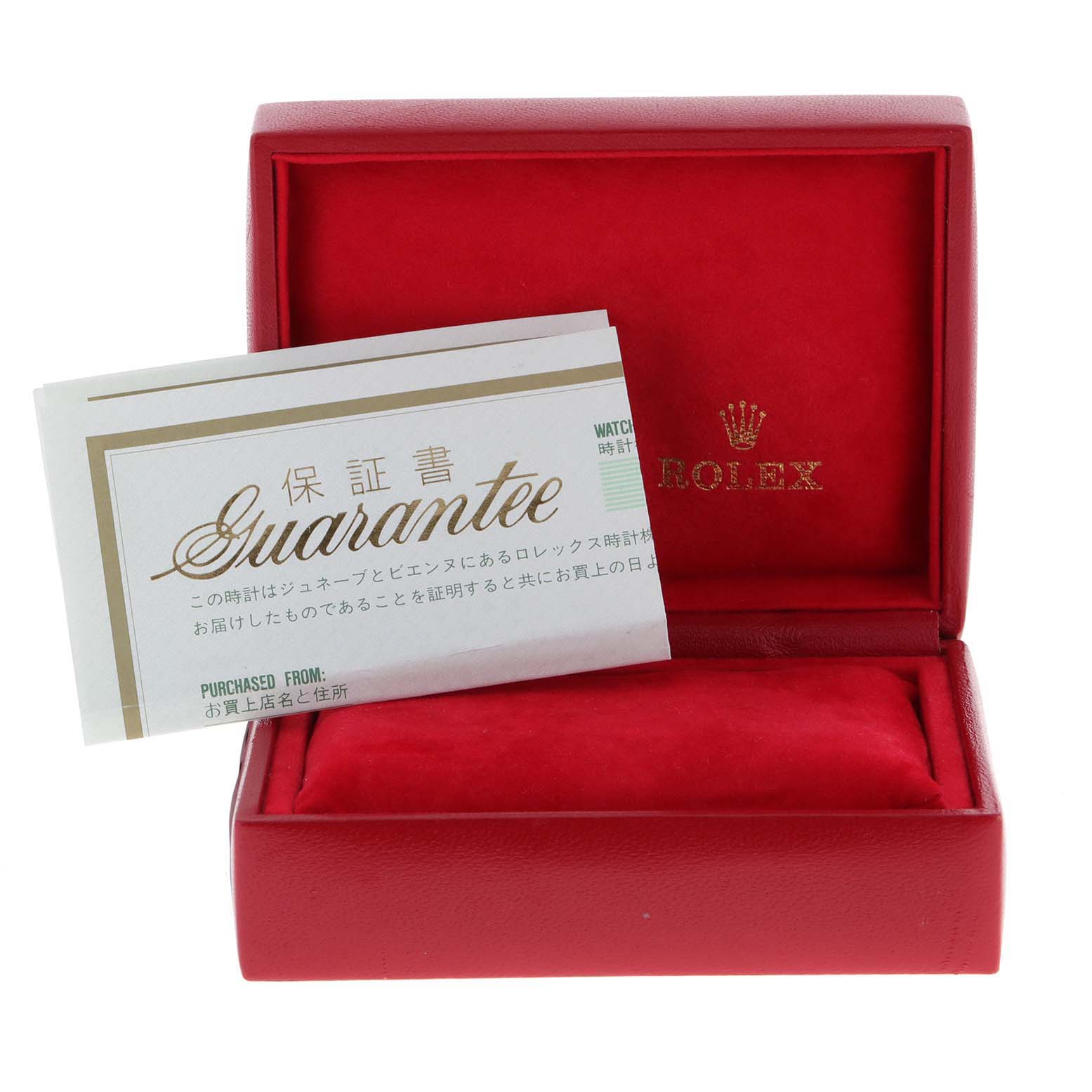 This image shows the red box and guarantee card for a Rolex Oyster Perpetual 76080 Women's Stainless Steel Pink Dial 76080 Women's Stainless Steel Pink Dial watch.