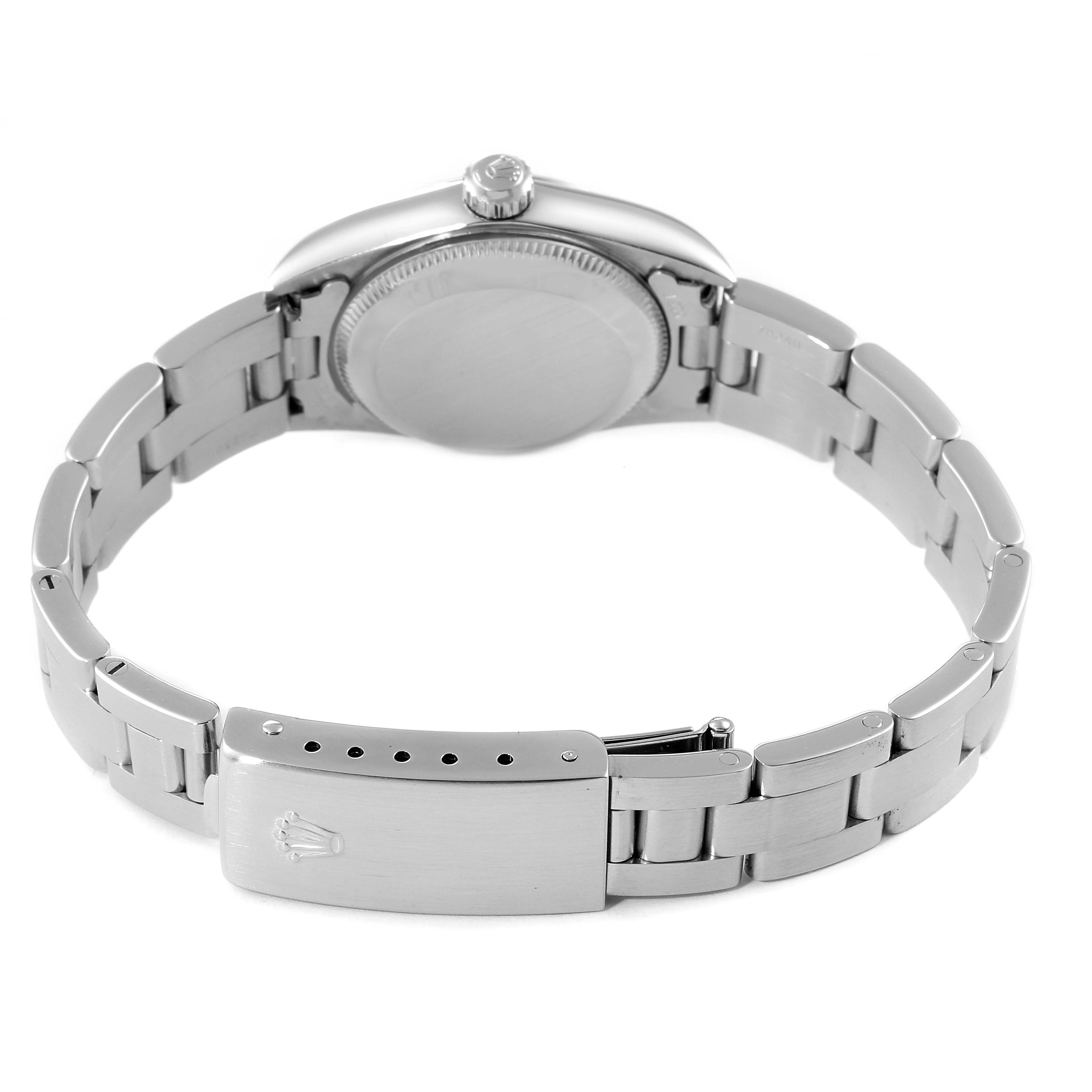 This image shows the back view of the Rolex Oyster Perpetual 76080 Women's Stainless Steel Pink Dial 76080 Women's Stainless Steel Pink Dial watch, including its case back, crown, and bracelet.