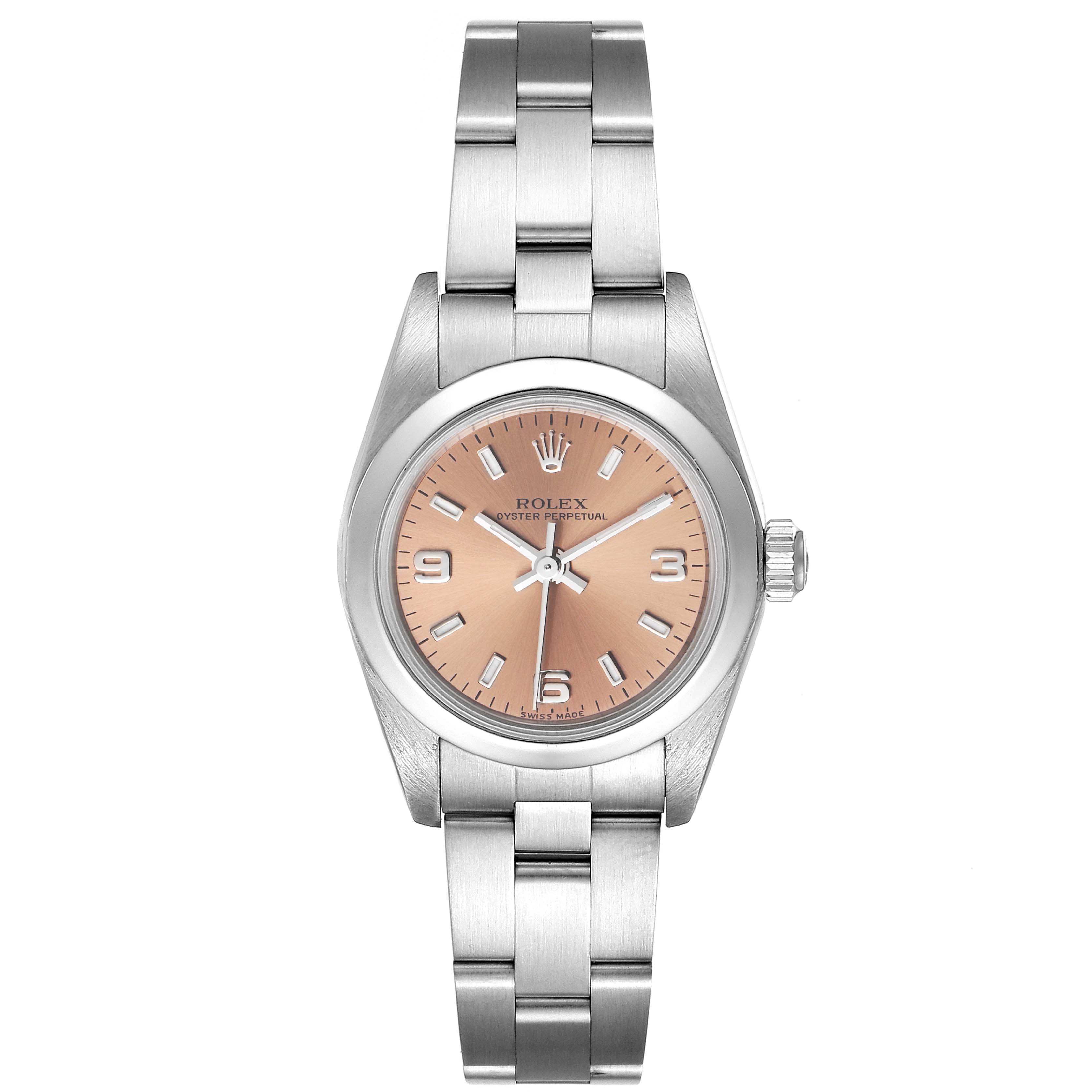 The Rolex Oyster Perpetual 76080 Women's Stainless Steel Pink Dial 76080 Women's Stainless Steel Pink Dial watch is shown from the front, displaying its pink dial, case, and stainless steel bracelet.