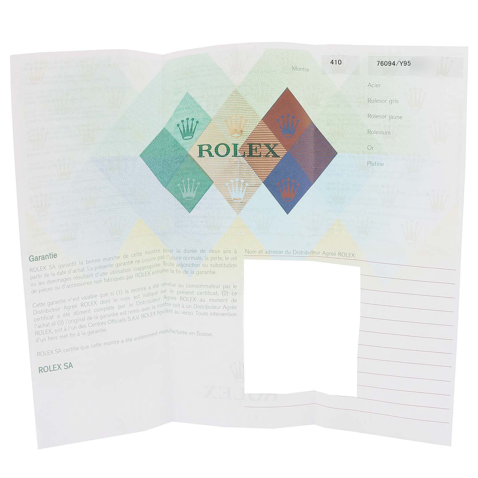 This image shows the warranty card for the Rolex Oyster Perpetual 76094 Women
s Stainless Steel Silver Dial 76094 Women
s Stainless Steel Silver Dial model.