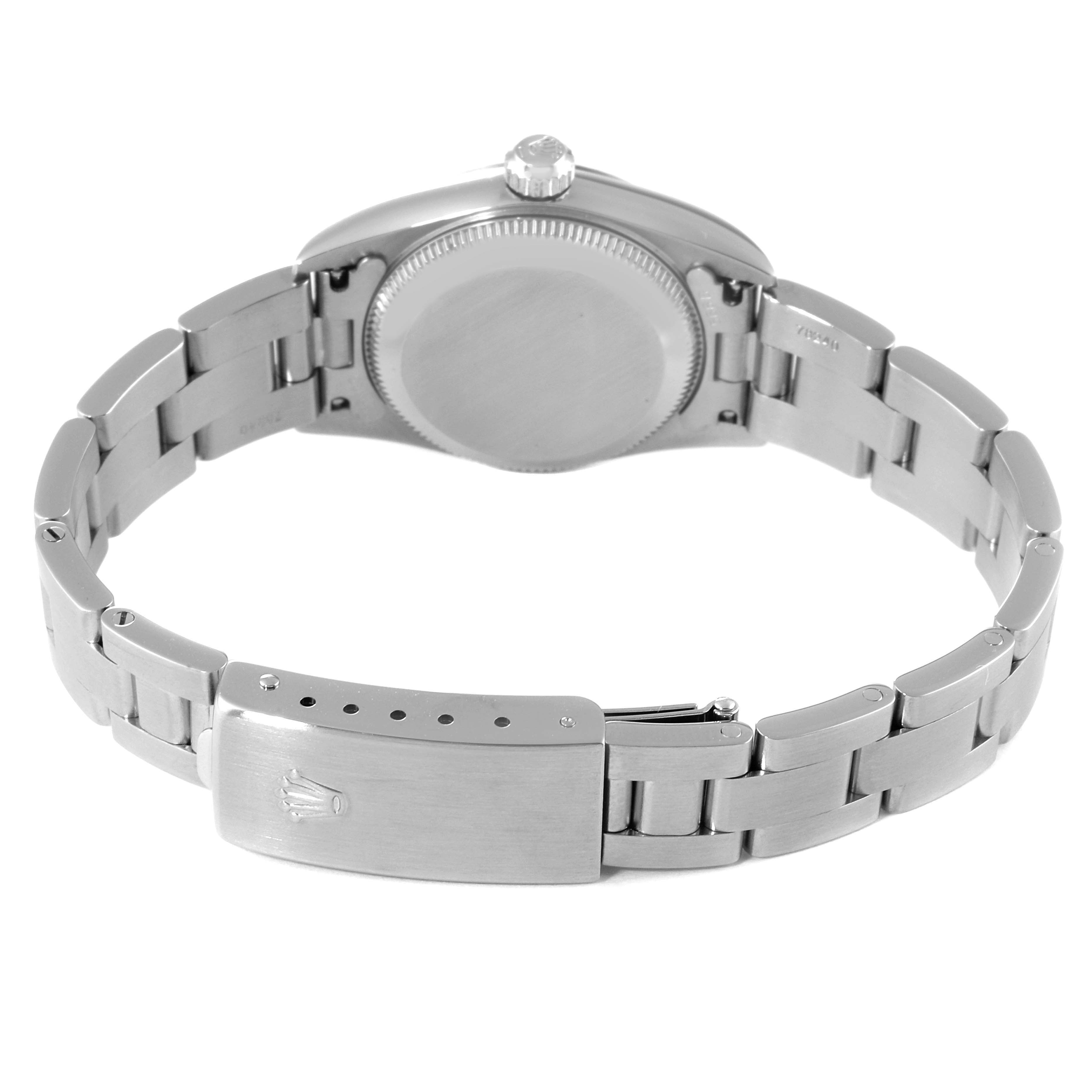 This image shows the back view of the Rolex Oyster Perpetual 76094 Women
s Stainless Steel Silver Dial 76094 Women
s Stainless Steel Silver Dial watch, highlighting its bracelet and clasp.