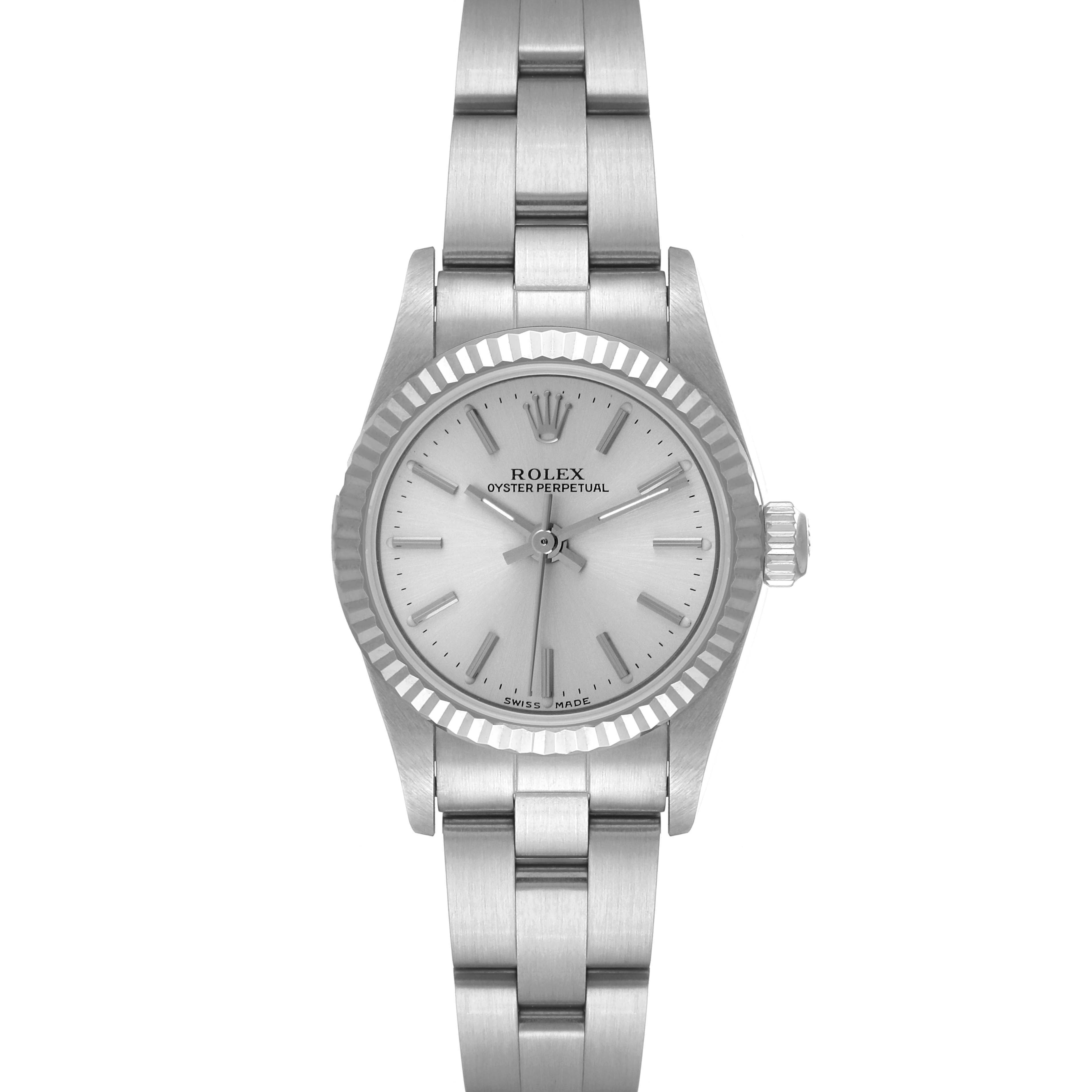 The Rolex Oyster Perpetual 76094 Women
s Stainless Steel Silver Dial 76094 Women
s Stainless Steel Silver Dial watch is shown from a front angle, displaying the dial, bezel, and partial bracelet.