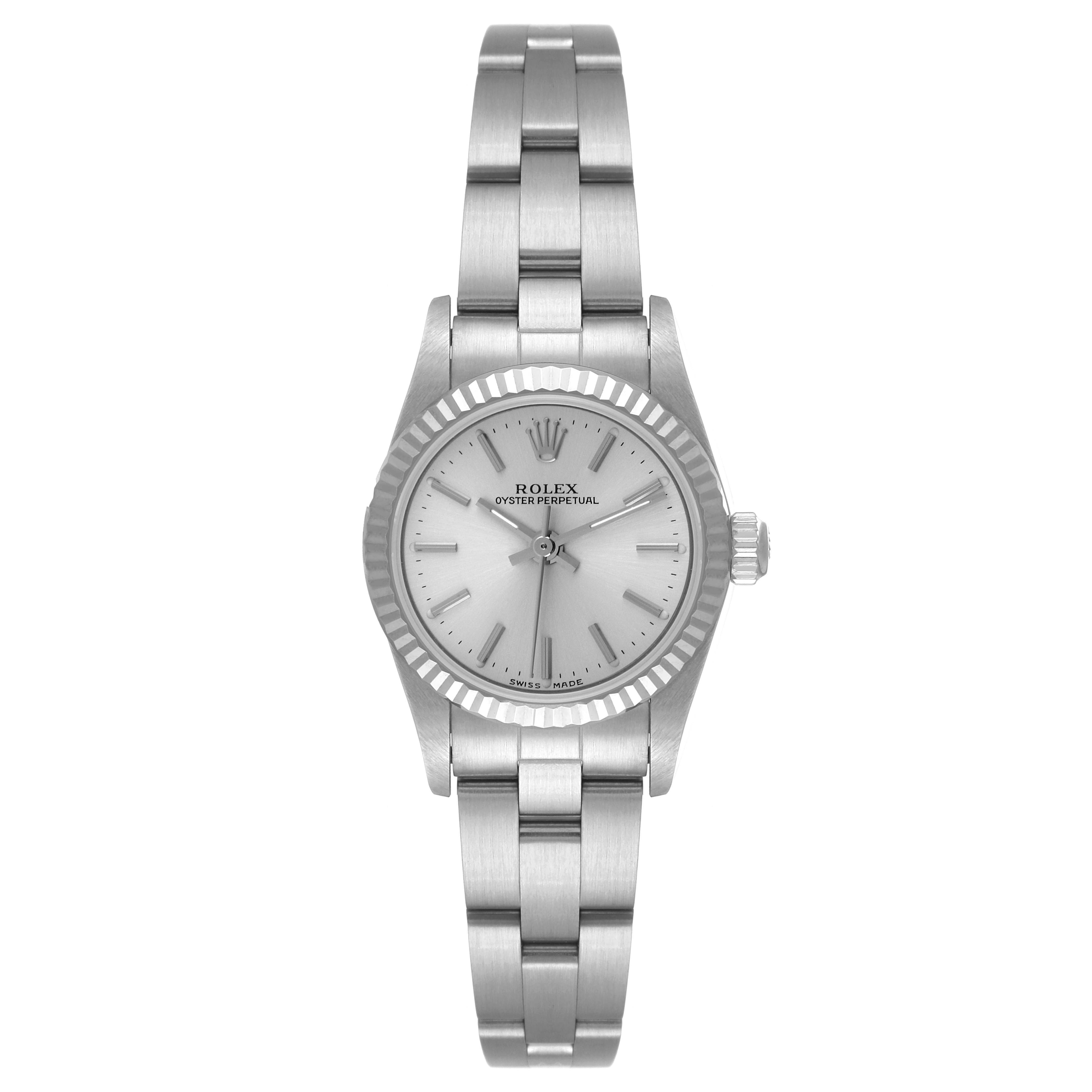 This image shows a front view of a Rolex Oyster Perpetual 76094 Women
s Stainless Steel Silver Dial 76094 Women
s Stainless Steel Silver Dial watch, displaying its dial, bezel, and bracelet.