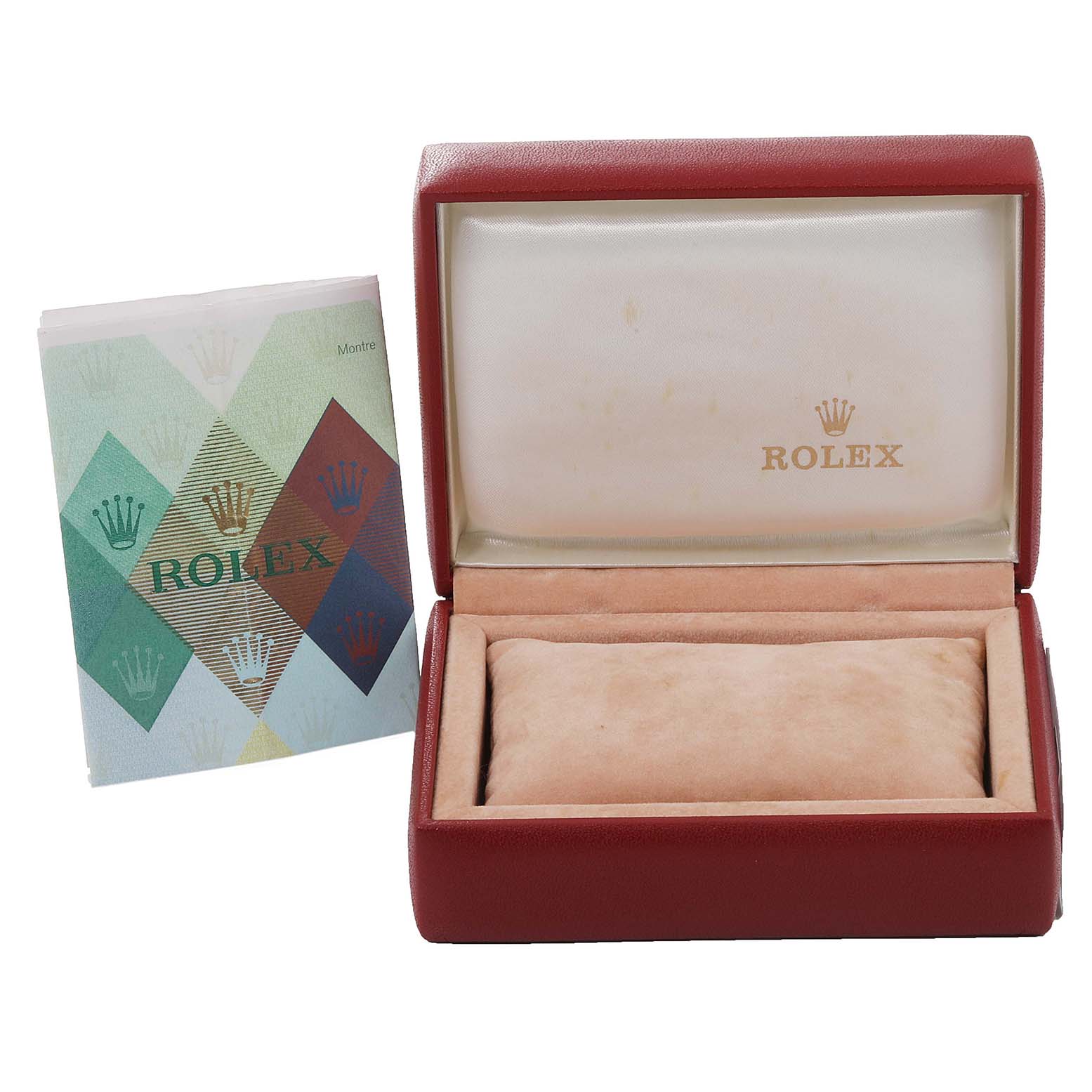 This image shows the open box and a booklet of a Rolex Oyster Perpetual 76094 Women
s Stainless Steel Silver Dial 76094 Women
s Stainless Steel Silver Dial watch.