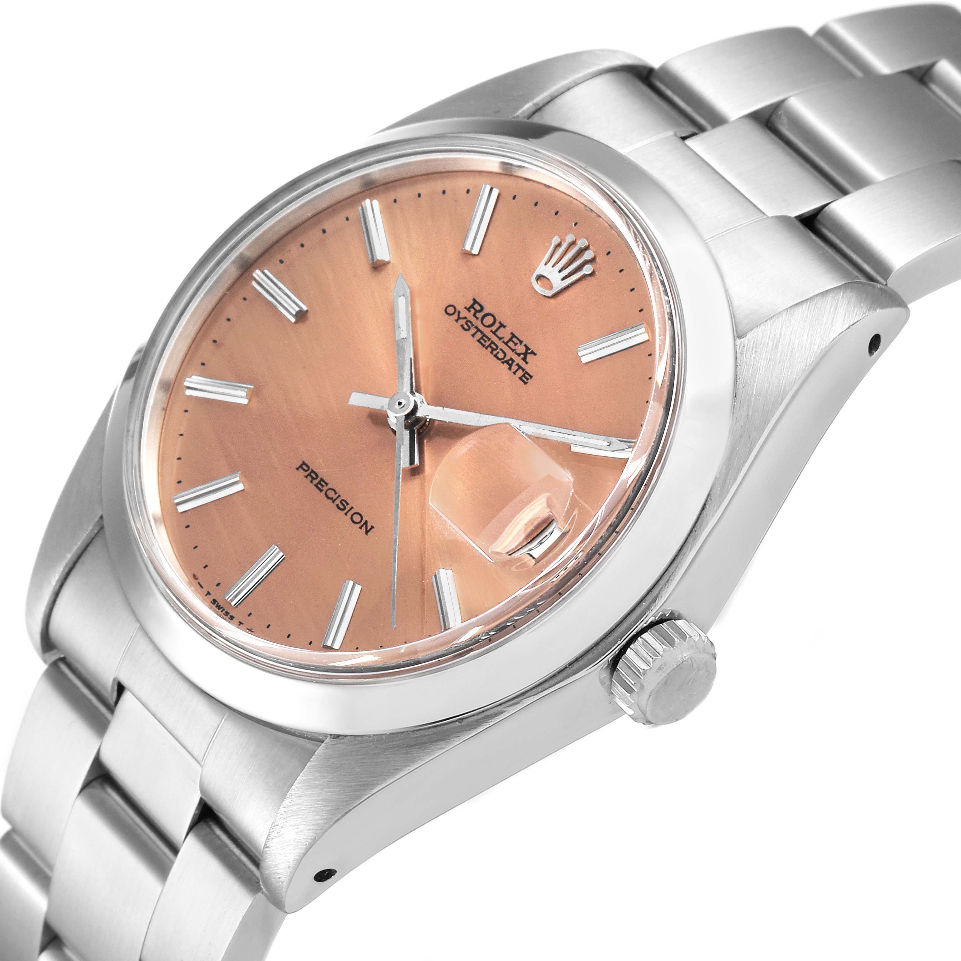 The image shows a Rolex Vintage Collection 6694 Men's Stainless Steel Brown Dial 6694 Men's Stainless Steel Brown Dial watch from a slight diagonal angle emphasizing the dial, crown, and part of the stainless steel bracelet.