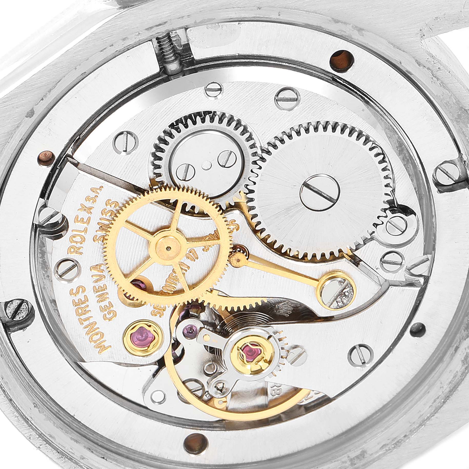 The image shows an up-close view of the mechanical movement inside a Rolex Vintage Collection 6694 Men's Stainless Steel Brown Dial 6694 Men's Stainless Steel Brown Dial watch.